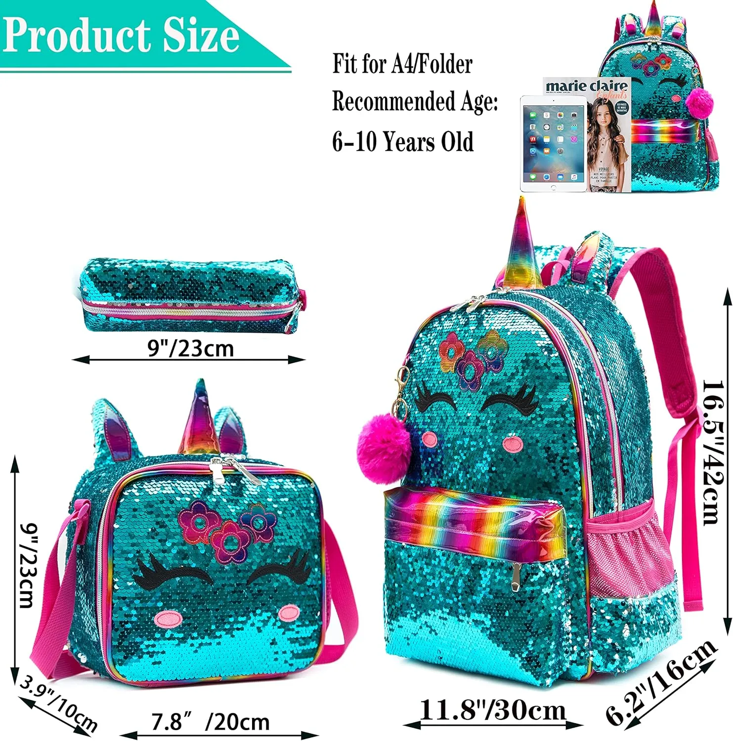 Meetbelify Unicorn Backpack for Gilrs Sequin Backpacks for Elementary Preschool Students Kids School Backpack with Lunch Box for Teen Girls