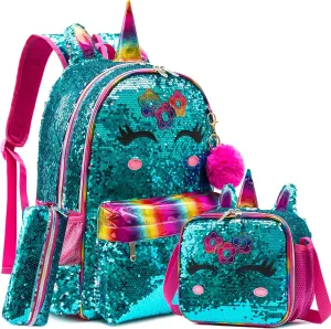 Meetbelify Unicorn Backpack for Gilrs Sequin Backpacks for Elementary Preschool Students Kids School Backpack with Lunch Box for Teen Girls