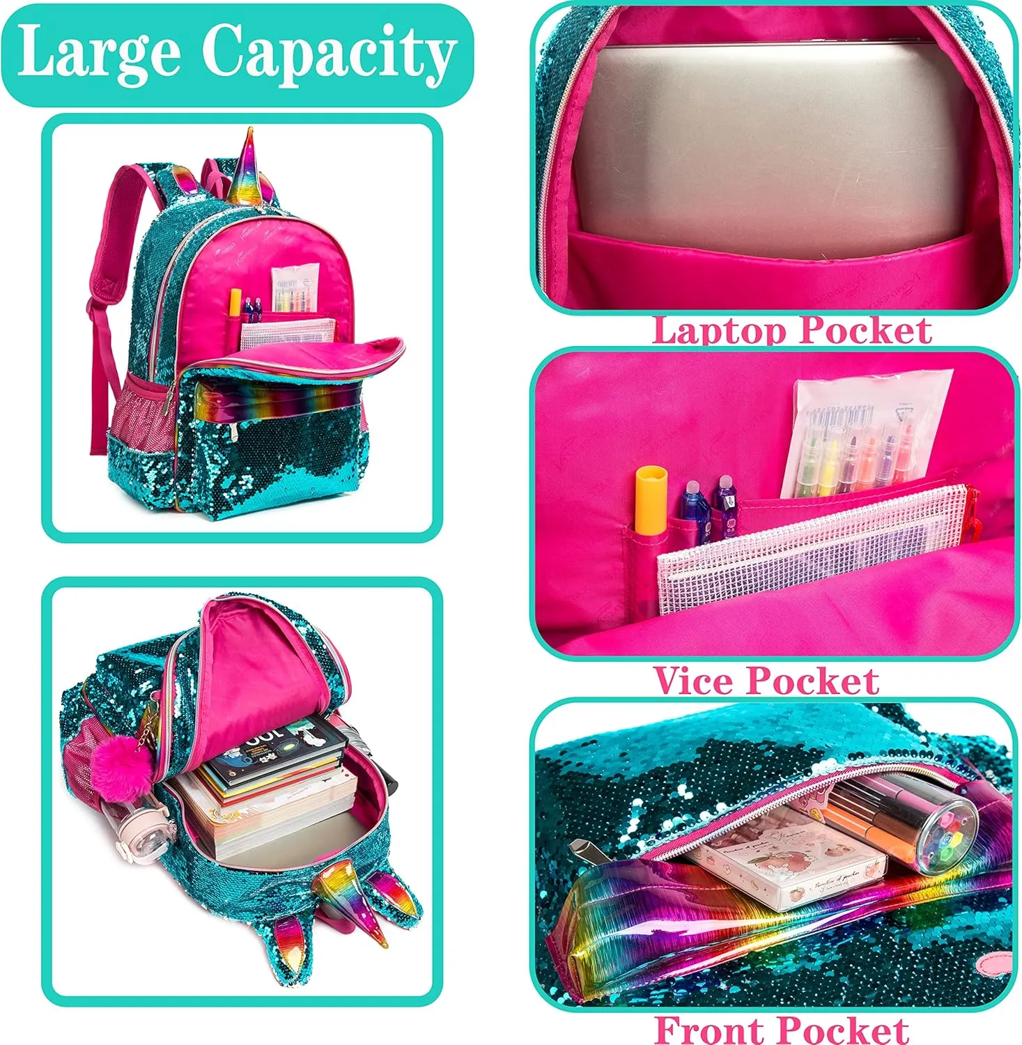 Meetbelify Unicorn Backpack for Gilrs Sequin Backpacks for Elementary Preschool Students Kids School Backpack with Lunch Box for Teen Girls