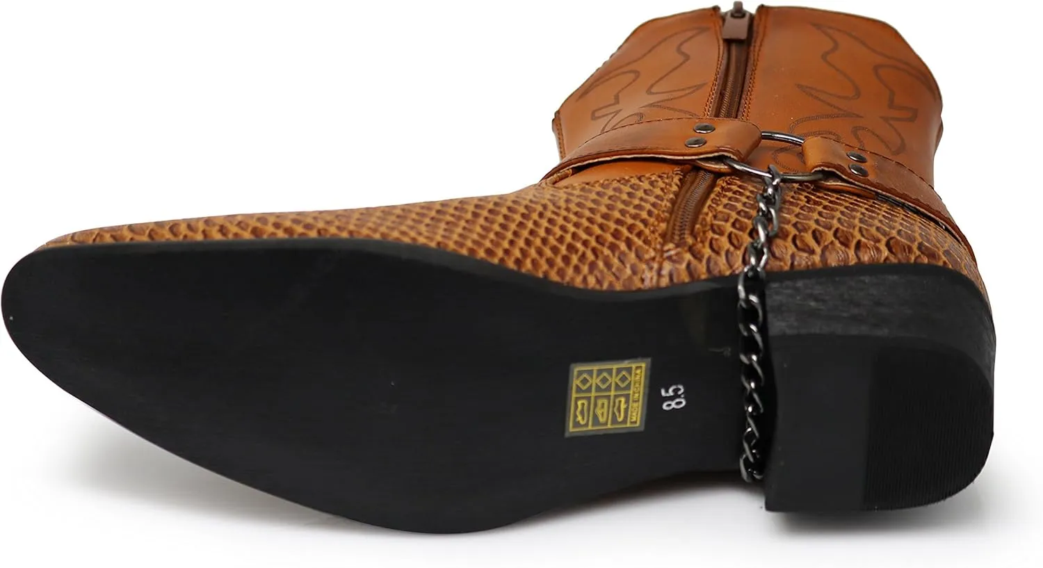 Men's Crocodile Prints Western Cowboy Boots with Side Zipper, Belt Buckle and Metal Chain
