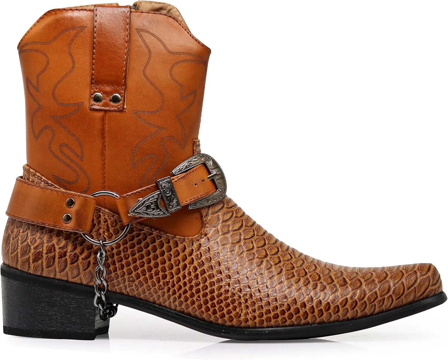 Men's Crocodile Prints Western Cowboy Boots with Side Zipper, Belt Buckle and Metal Chain