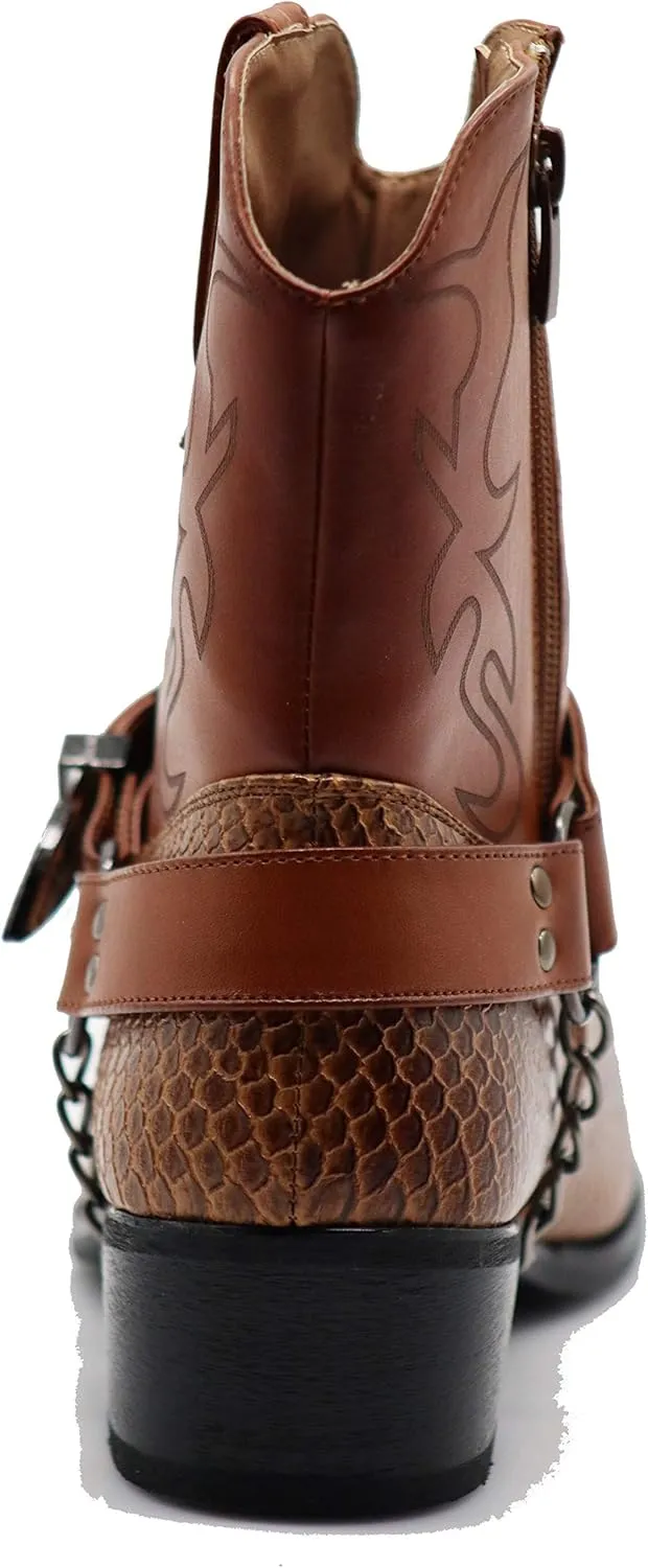 Men's Crocodile Prints Western Cowboy Boots with Side Zipper, Belt Buckle and Metal Chain