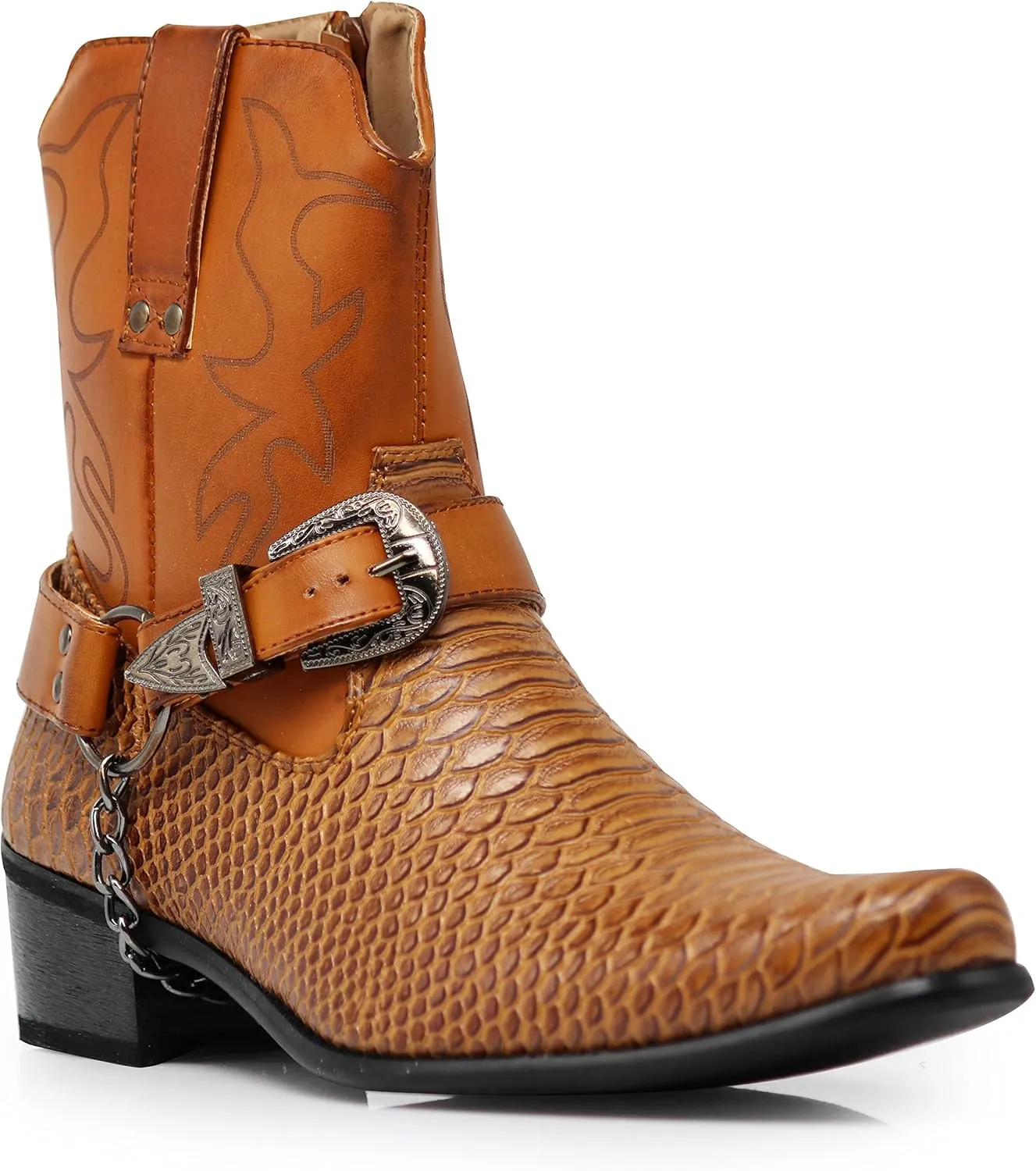 Men's Crocodile Prints Western Cowboy Boots with Side Zipper, Belt Buckle and Metal Chain