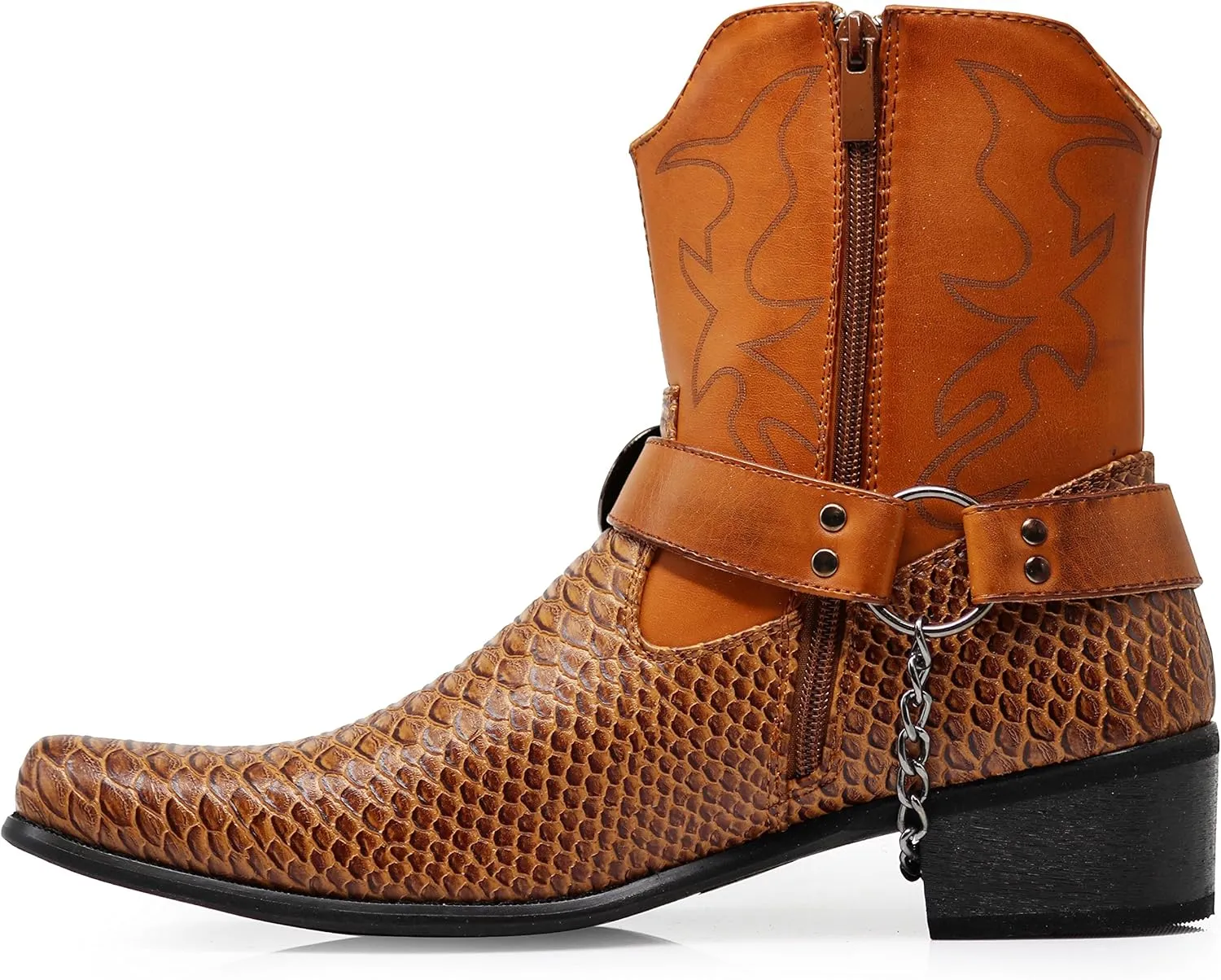 Men's Crocodile Prints Western Cowboy Boots with Side Zipper, Belt Buckle and Metal Chain