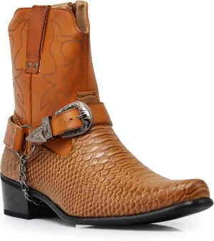 Men's Crocodile Prints Western Cowboy Boots with Side Zipper, Belt Buckle and Metal Chain