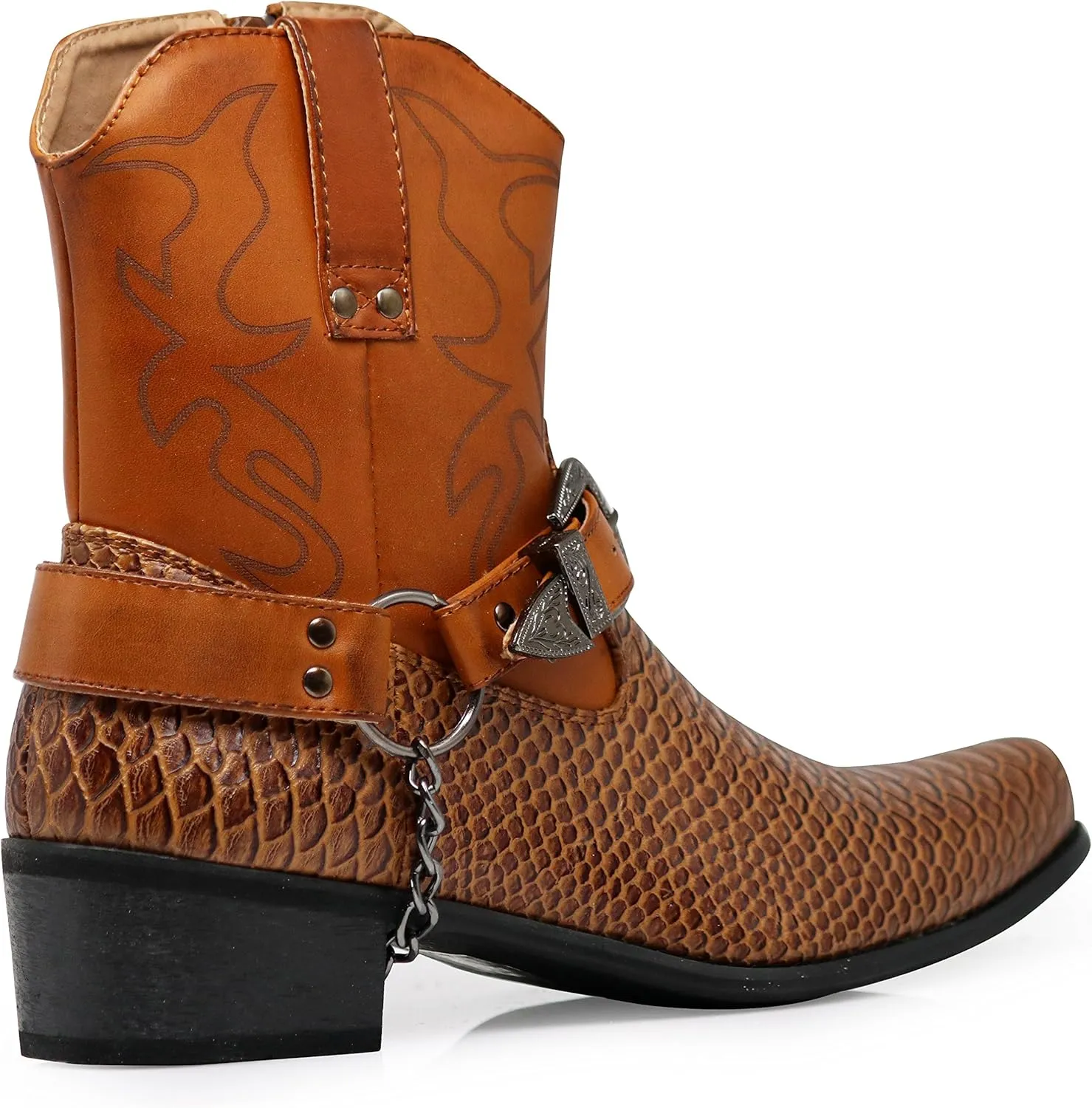 Men's Crocodile Prints Western Cowboy Boots with Side Zipper, Belt Buckle and Metal Chain