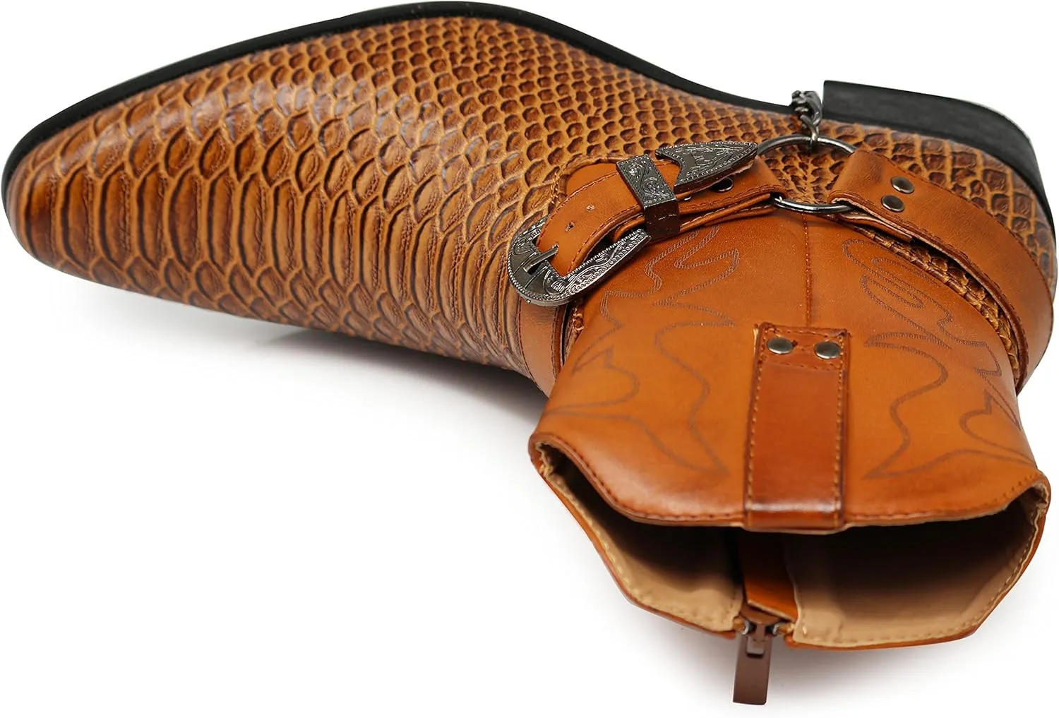 Men's Crocodile Prints Western Cowboy Boots with Side Zipper, Belt Buckle and Metal Chain