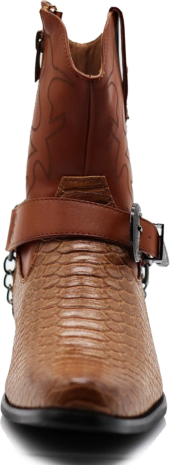 Men's Crocodile Prints Western Cowboy Boots with Side Zipper, Belt Buckle and Metal Chain