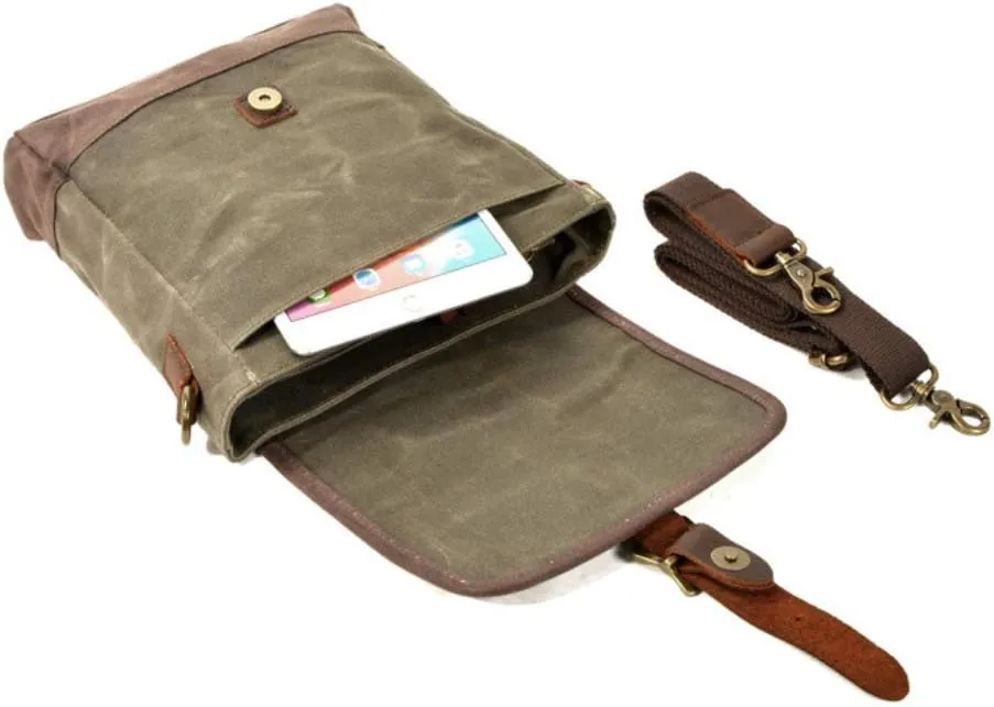 Mens Messenger Bag Waterproof Canvas Leather Bag 10 Inch Vintage Waxed Crossbody Bag