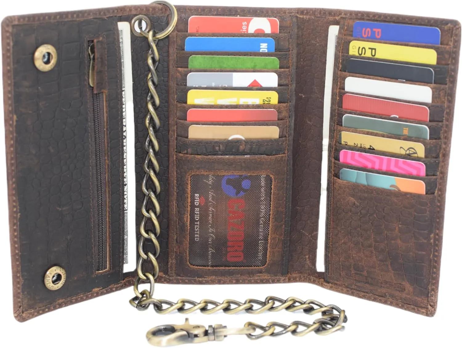 Men's RFID Signal Blocking Biker's Vintage Brown Leather Long Tri-fold Chain Checkbook Card ID Wallet (Croco Brown)