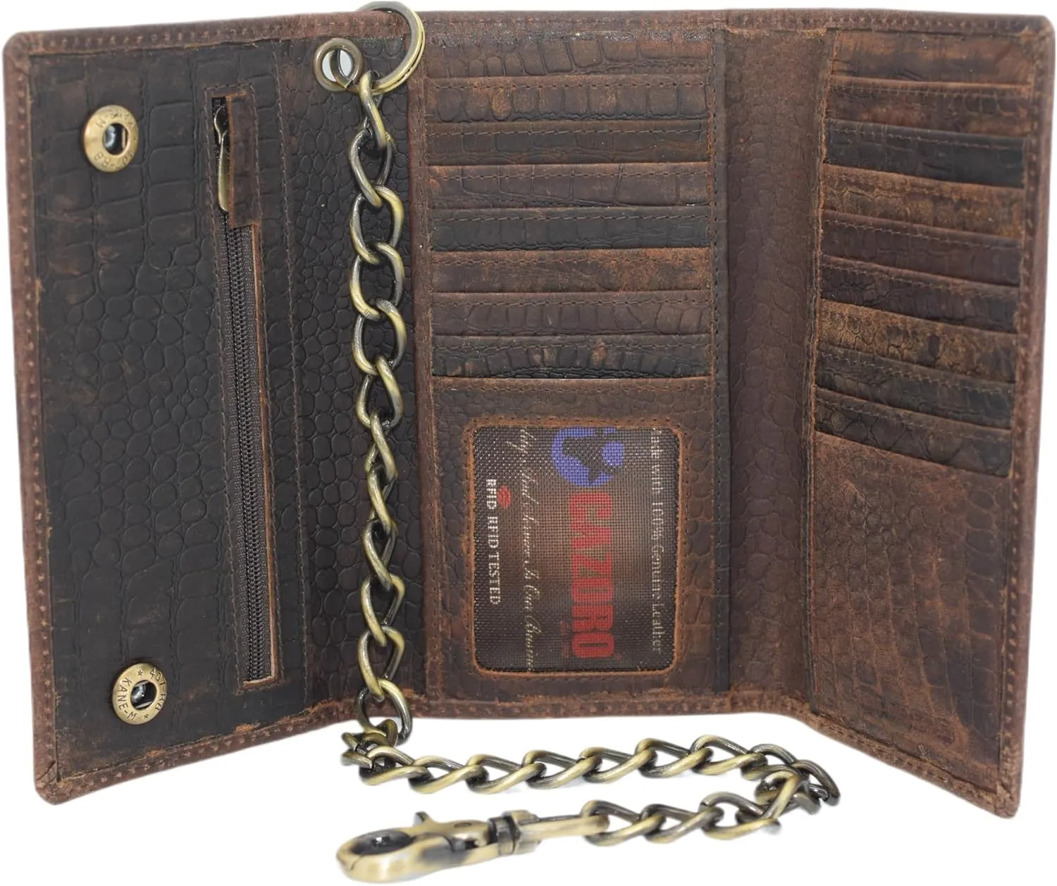 Men's RFID Signal Blocking Biker's Vintage Brown Leather Long Tri-fold Chain Checkbook Card ID Wallet (Croco Brown)