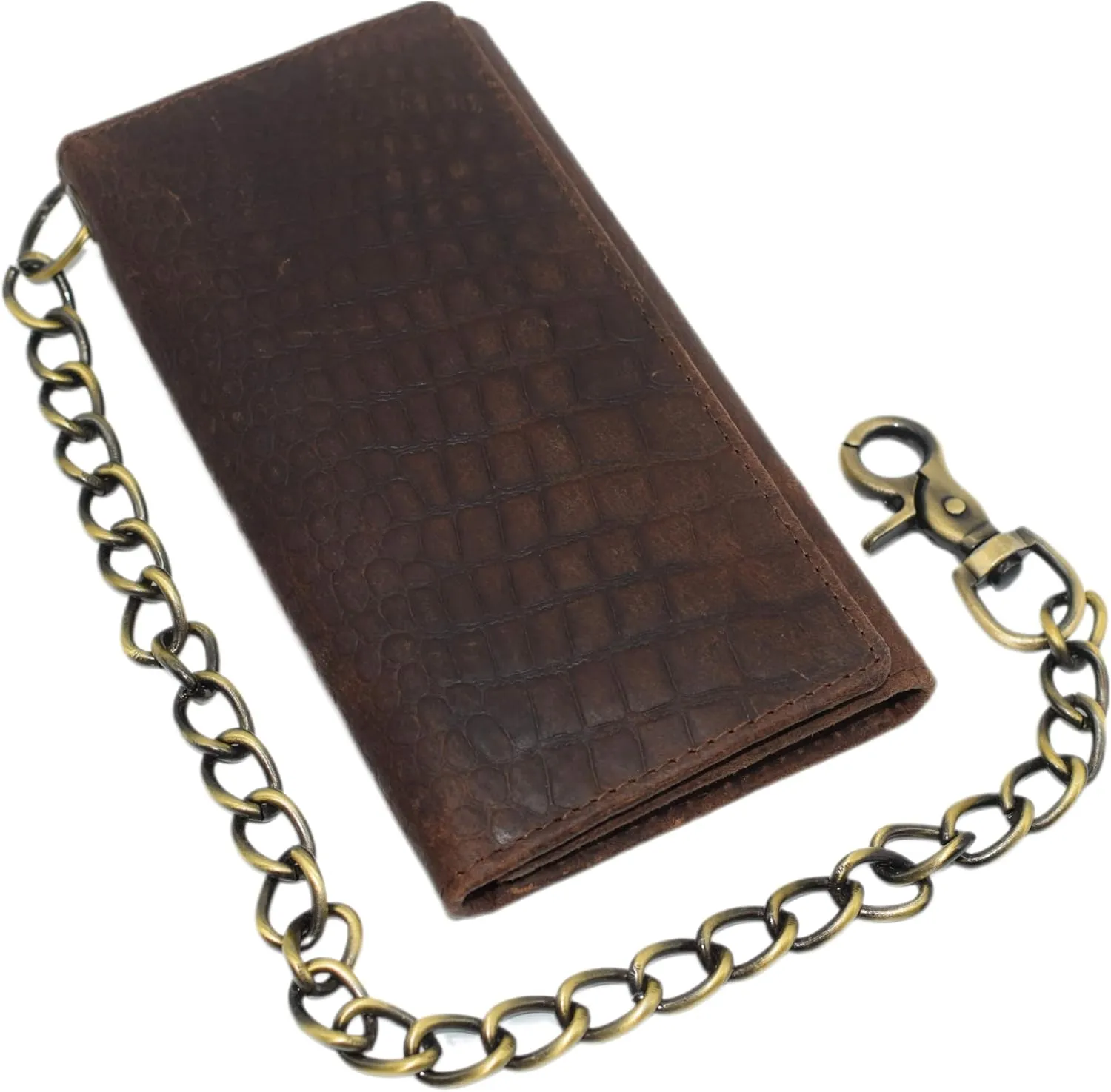 Men's RFID Signal Blocking Biker's Vintage Brown Leather Long Tri-fold Chain Checkbook Card ID Wallet (Croco Brown)
