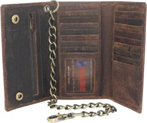 Men's RFID Signal Blocking Biker's Vintage Brown Leather Long Tri-fold Chain Checkbook Card ID Wallet (Croco Brown)