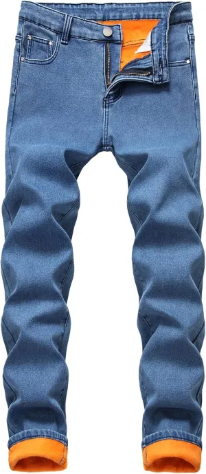 Men's Thermal Fleece Lined Jeans Slim Fit Thicken Stretch Warm Denim Pants Winter Skinny Straight Leg Jean Trousers