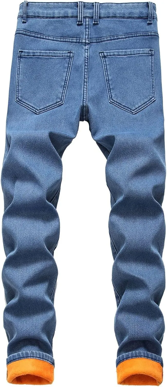 Men's Thermal Fleece Lined Jeans Slim Fit Thicken Stretch Warm Denim Pants Winter Skinny Straight Leg Jean Trousers