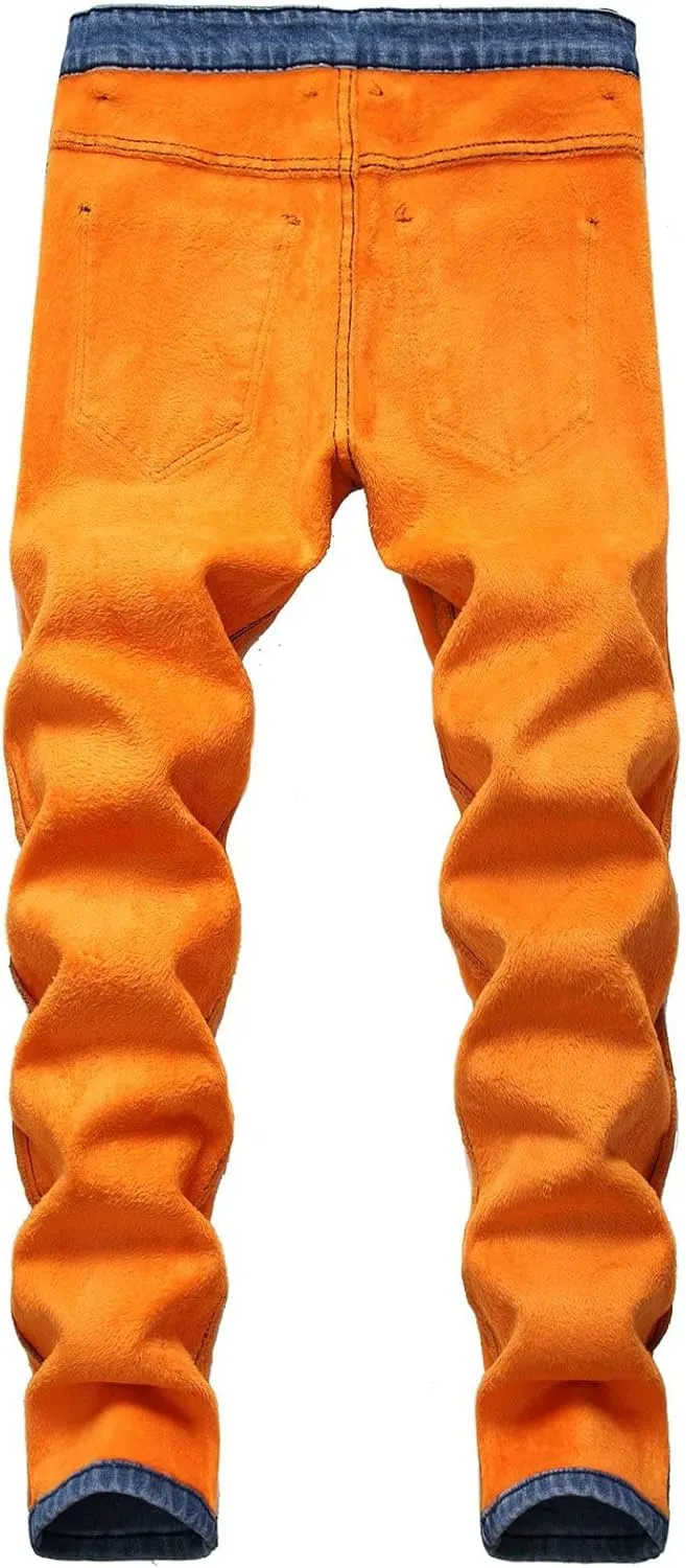 Men's Thermal Fleece Lined Jeans Slim Fit Thicken Stretch Warm Denim Pants Winter Skinny Straight Leg Jean Trousers