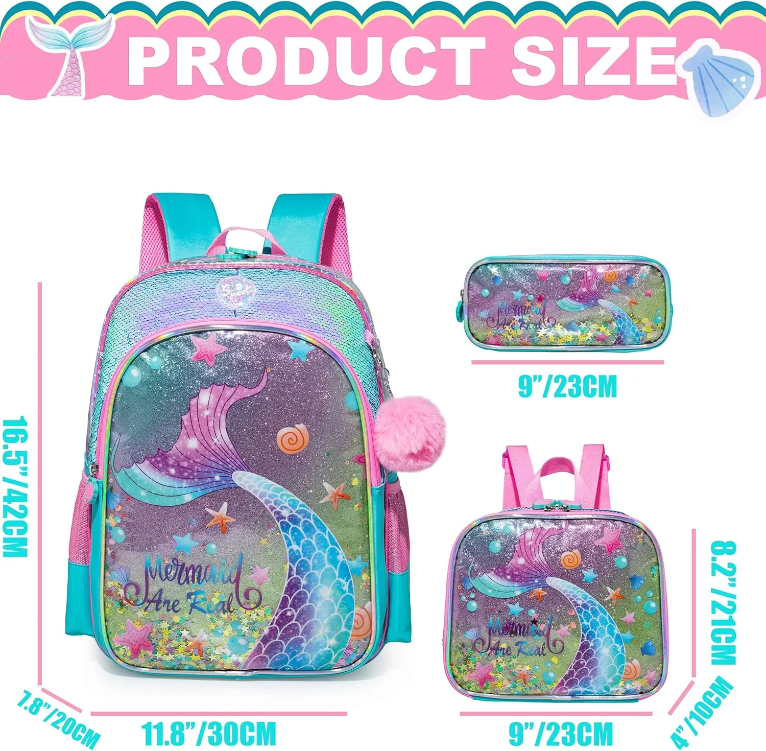 Mermaid Backpacks for Girls Kids School Cute Bookbag for Kindergarten Elementary Sequin School Backpack for Girls Lightweight School Bag with Lunch Box