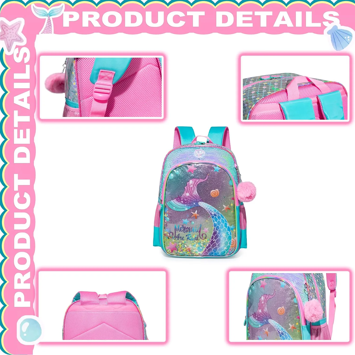 Mermaid Backpacks for Girls Kids School Cute Bookbag for Kindergarten Elementary Sequin School Backpack for Girls Lightweight School Bag with Lunch Box