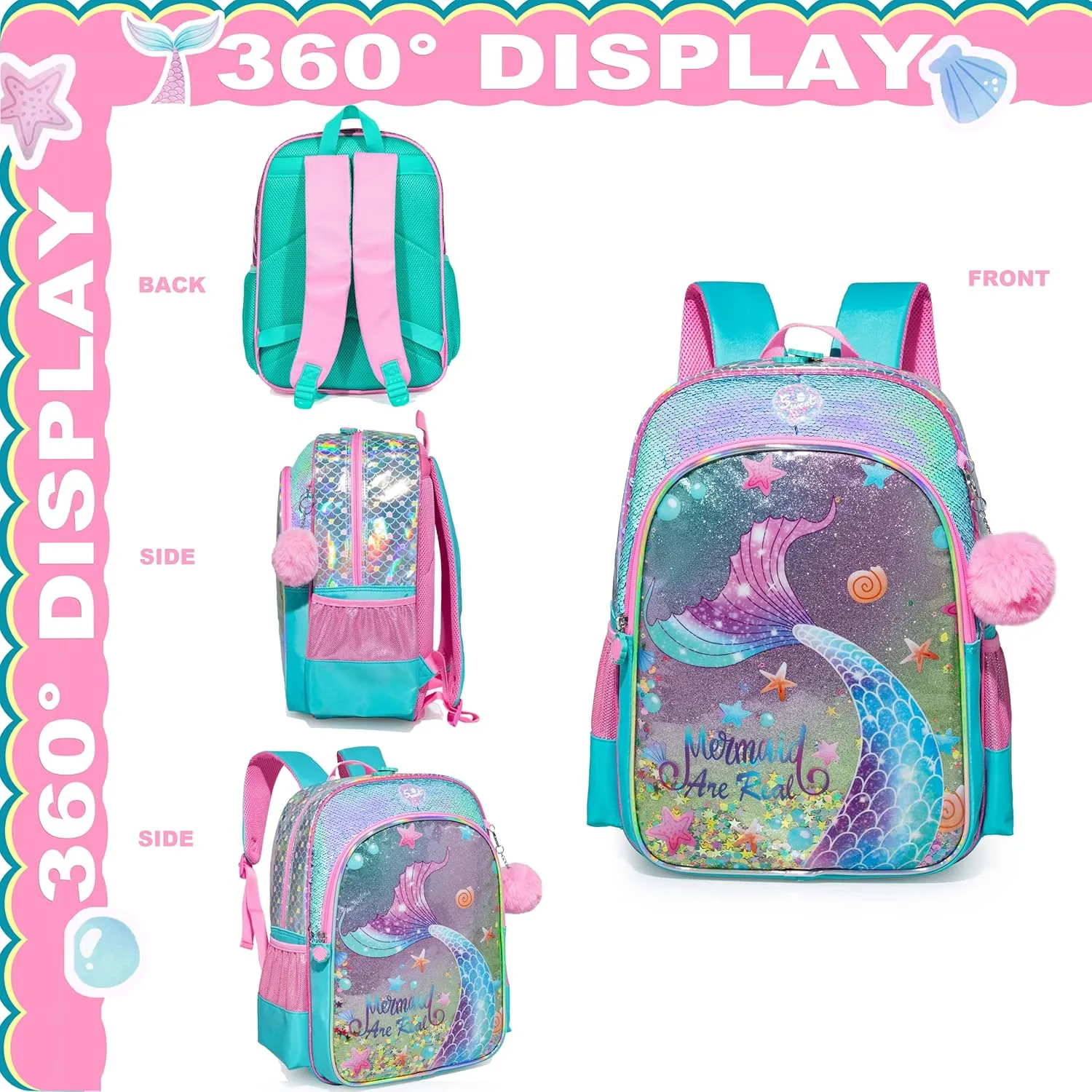 Mermaid Backpacks for Girls Kids School Cute Bookbag for Kindergarten Elementary Sequin School Backpack for Girls Lightweight School Bag with Lunch Box