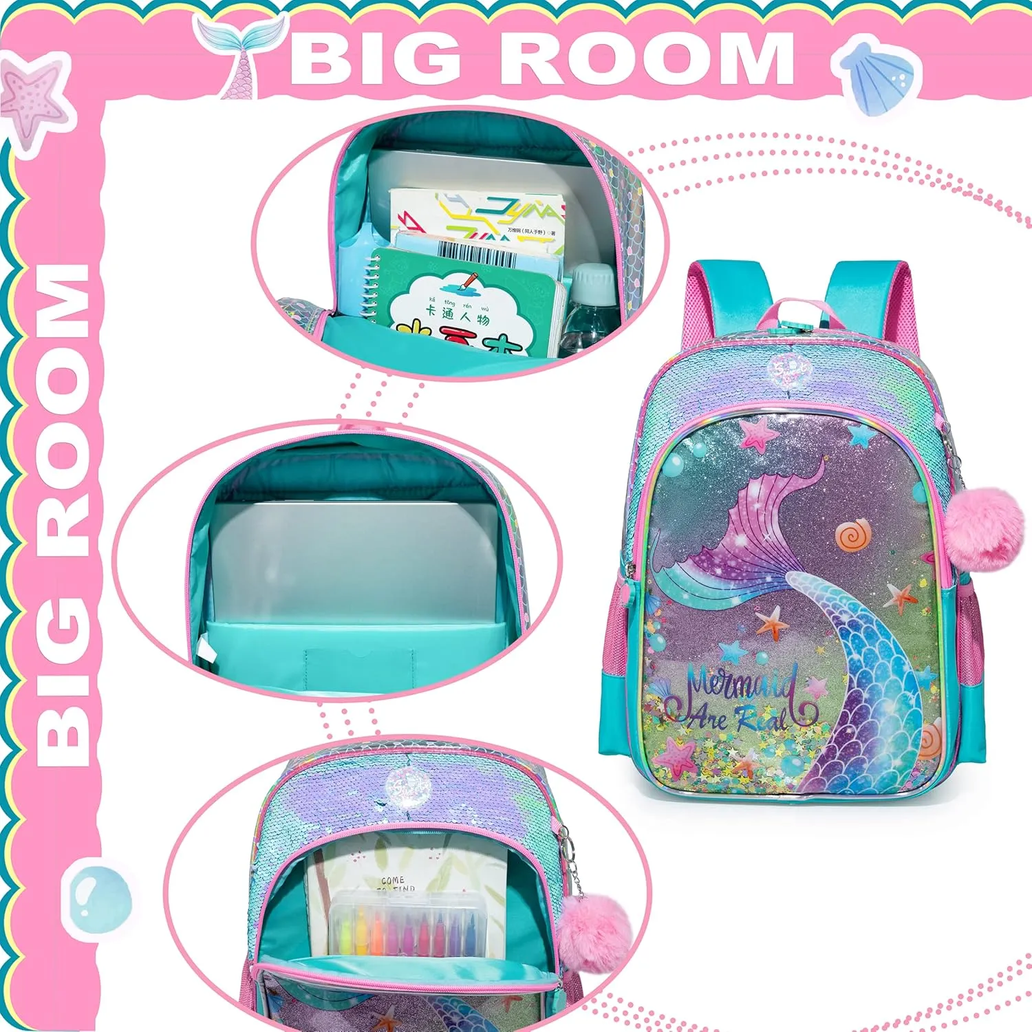 Mermaid Backpacks for Girls Kids School Cute Bookbag for Kindergarten Elementary Sequin School Backpack for Girls Lightweight School Bag with Lunch Box