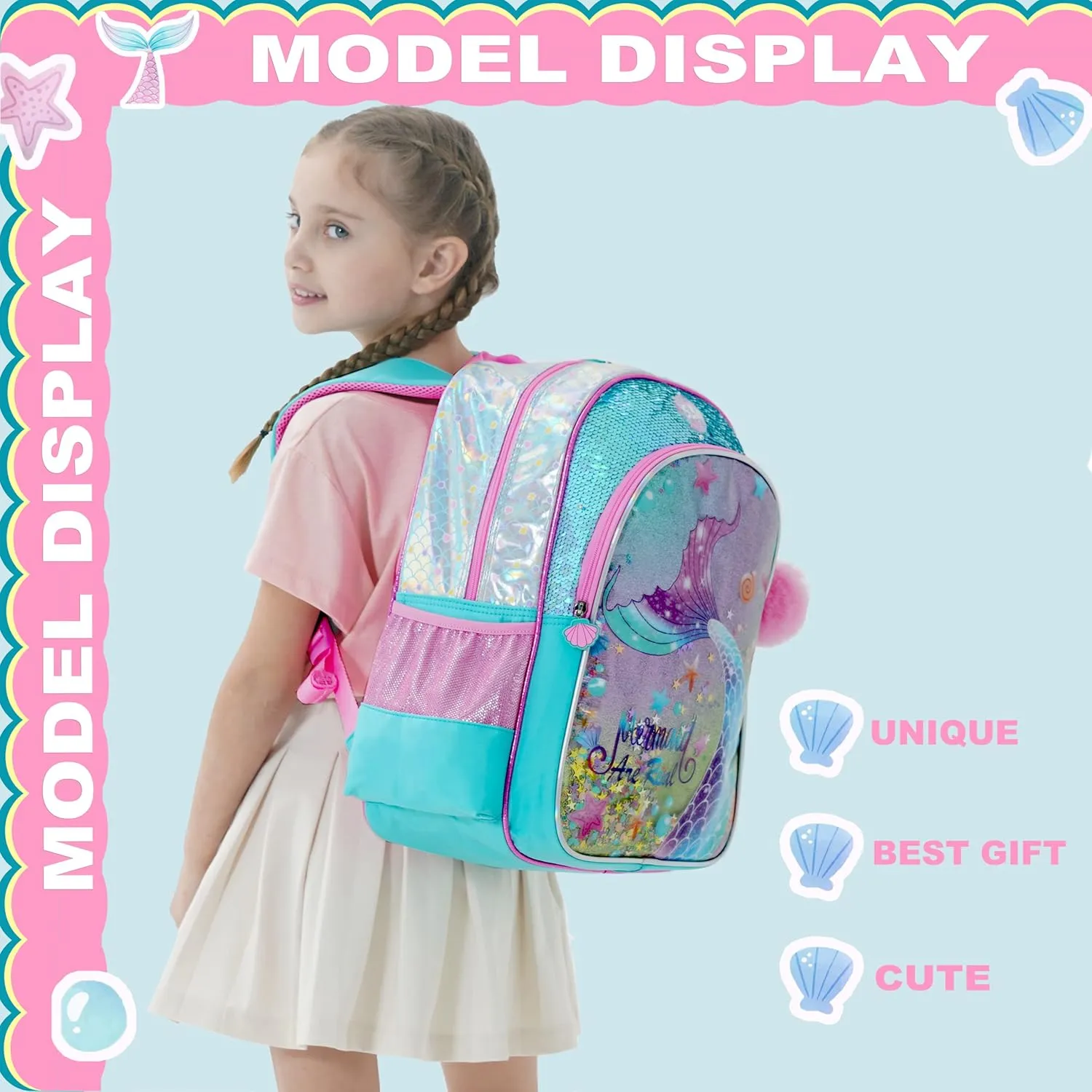 Mermaid Backpacks for Girls Kids School Cute Bookbag for Kindergarten Elementary Sequin School Backpack for Girls Lightweight School Bag with Lunch Box