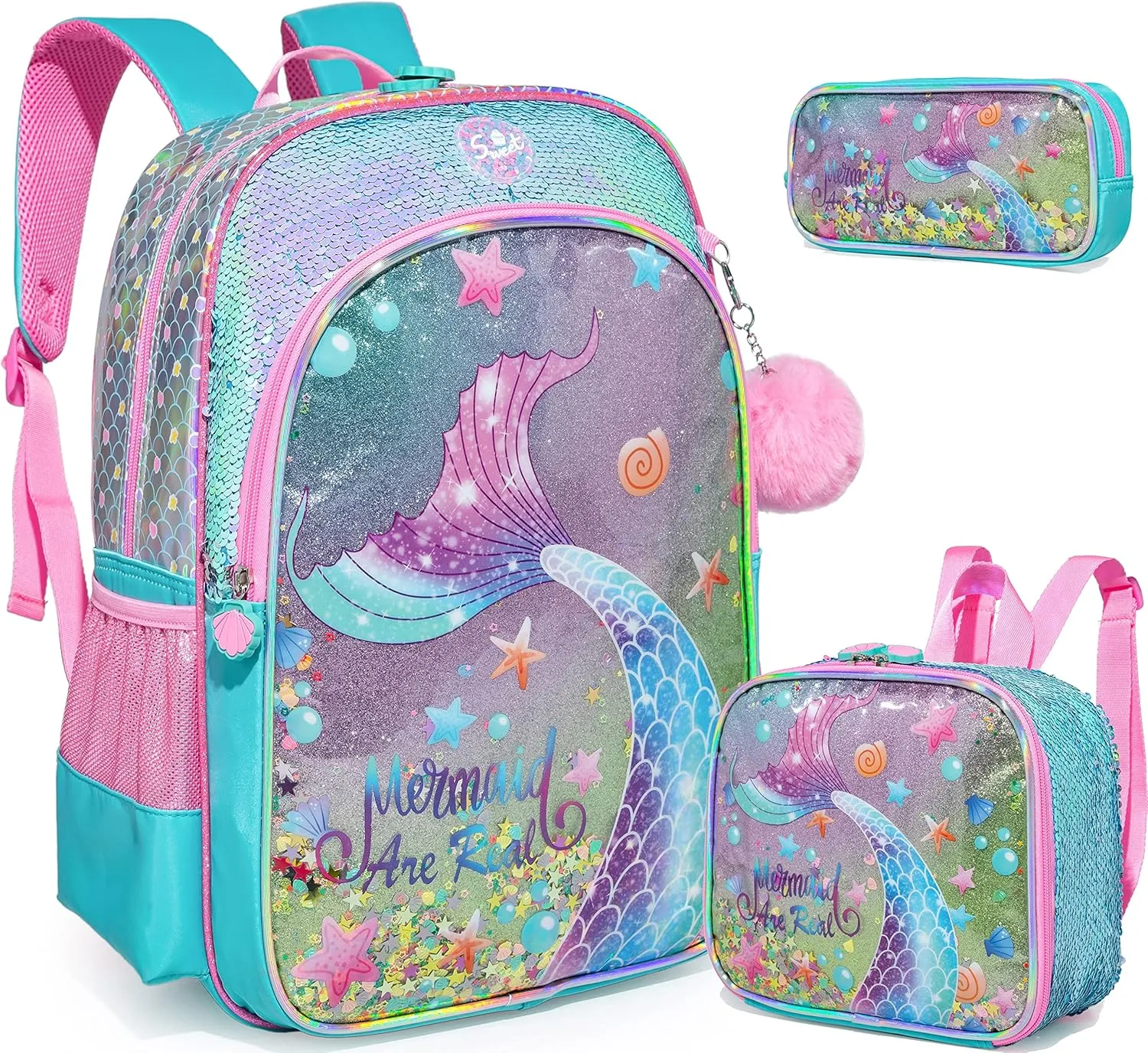 Mermaid Backpacks for Girls Kids School Cute Bookbag for Kindergarten Elementary Sequin School Backpack for Girls Lightweight School Bag with Lunch Box