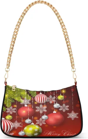 Merry Christmas Party Smowflake Winter Shoulder Bag for Women Hobo Tote Handbag Gold Chain Crossbody Bag with Zipper Clutch Purse Handbags