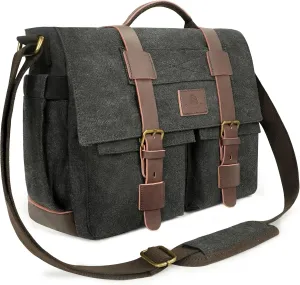 Messenger Bag for Men,13-14-15.6 Inch Laptop Bag, Vintage Heavyweight Canvas Satchel Bag, Leather Briefcase for School Work Travel (Black)