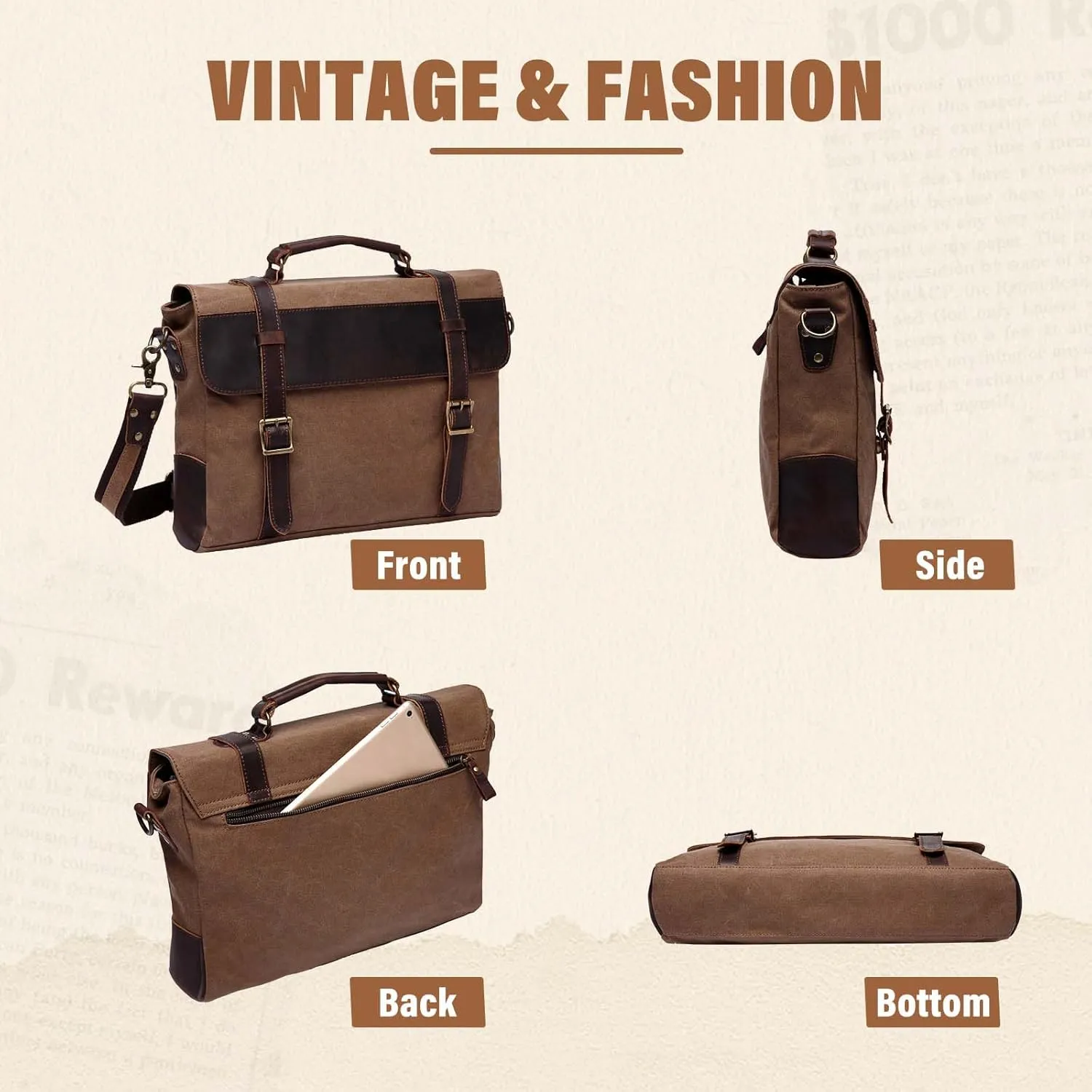 Messenger Bag for Men,Vintage Canvas Leather Canvas Laptop Satchel Shoulder Bag Business Briefcase