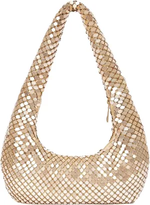 Metallic Shoulder Bags for Women Cute Hobo Handbag Small Purse Evening Bling Bag Sparkly Metal Mesh Evening Purses