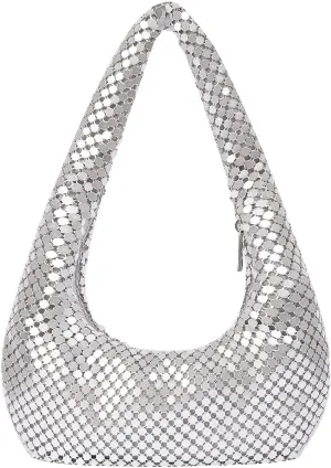 Metallic Shoulder Bags for Women Cute Hobo Handbag Small Purse Evening Bling Bag Sparkly Metal Mesh Evening Purses