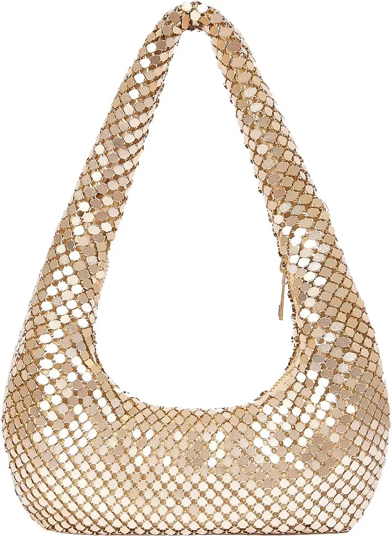 Metallic Shoulder Bags for Women Cute Hobo Handbag Small Purse Evening Bling Bag Sparkly Metal Mesh Evening Purses
