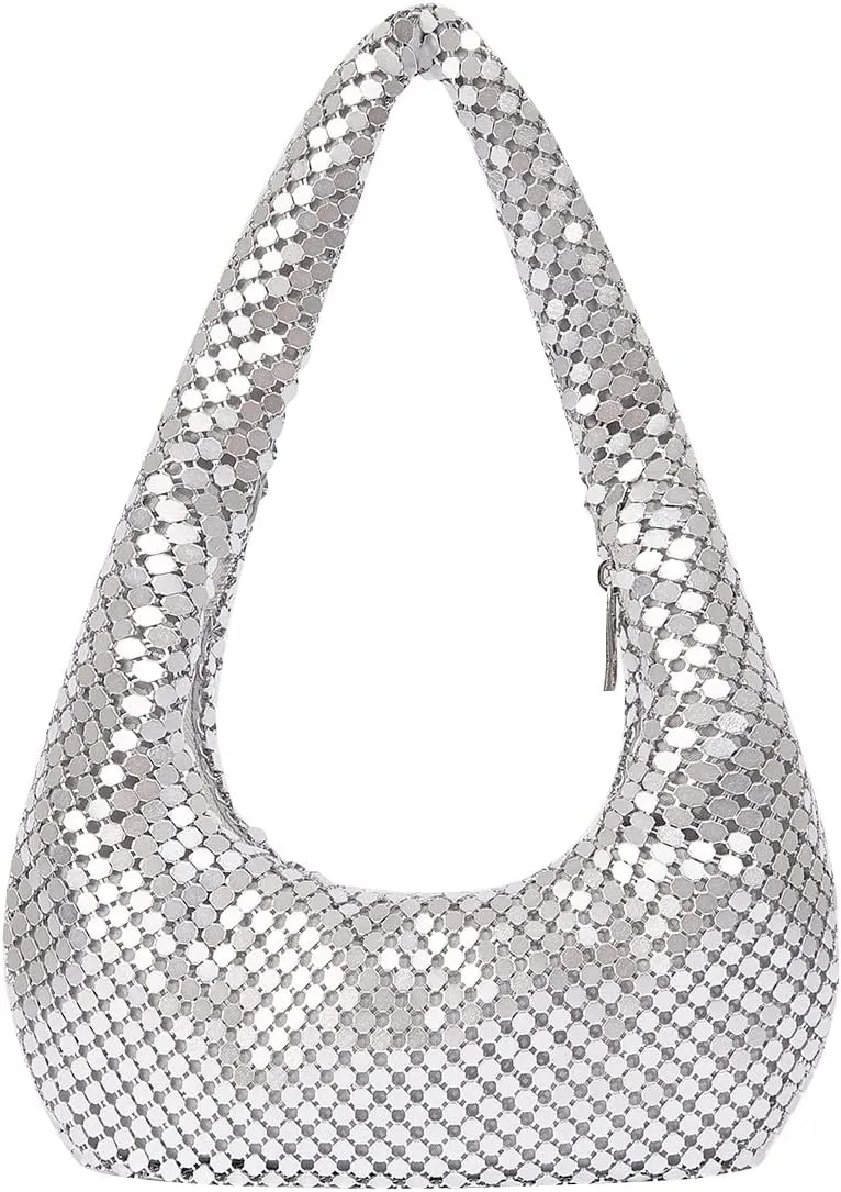 Metallic Shoulder Bags for Women Cute Hobo Handbag Small Purse Evening Bling Bag Sparkly Metal Mesh Evening Purses
