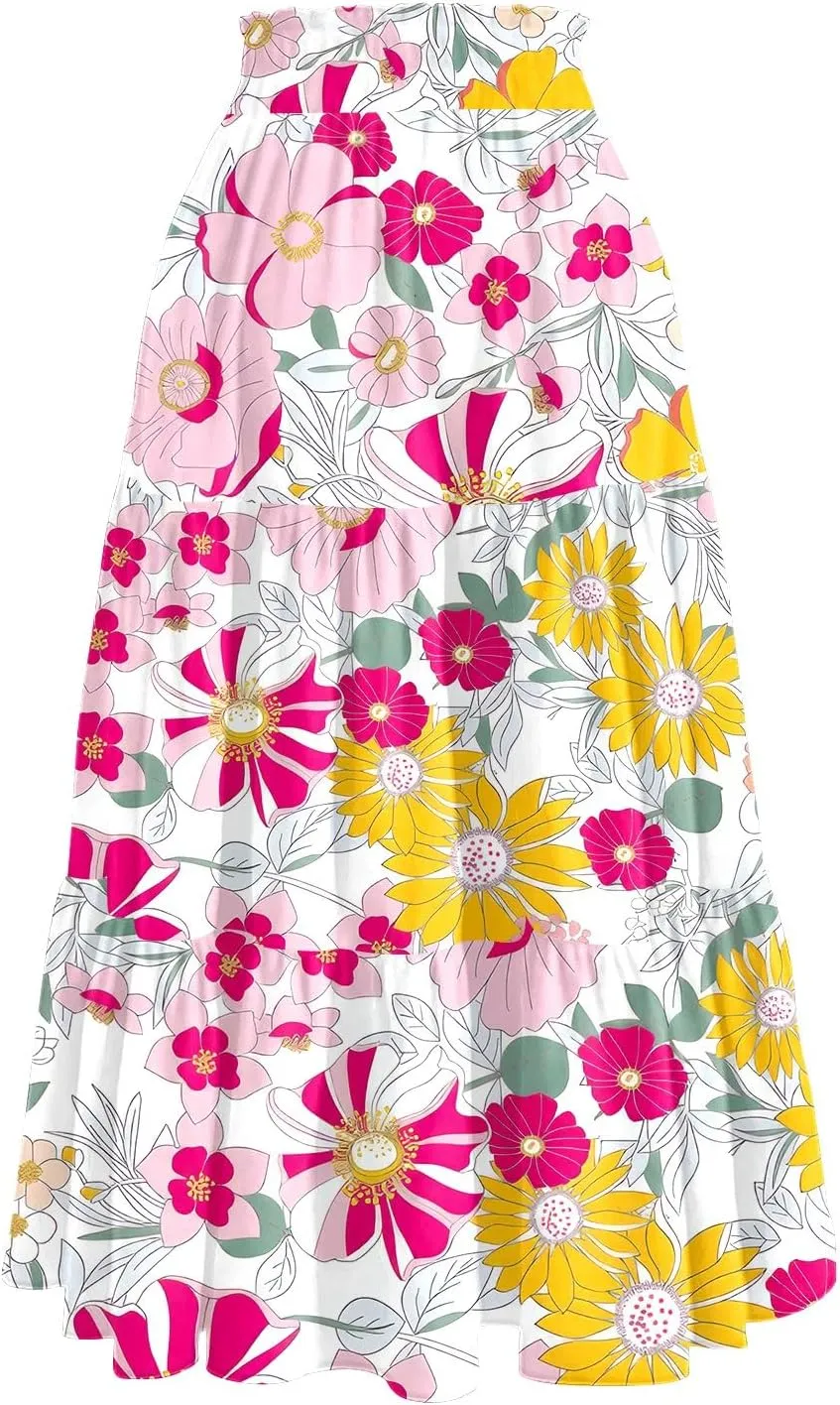 Midi Skirt Women's Summer Casual Pockets Elastic High Waist Drawstring Flowy Trendy Ditzy Floral Print Long Skirts