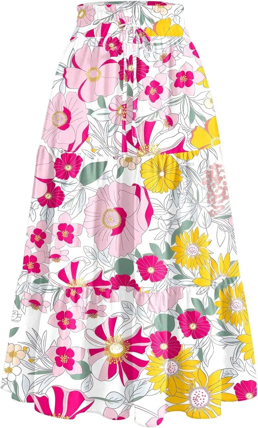 Midi Skirt Women's Summer Casual Pockets Elastic High Waist Drawstring Flowy Trendy Ditzy Floral Print Long Skirts