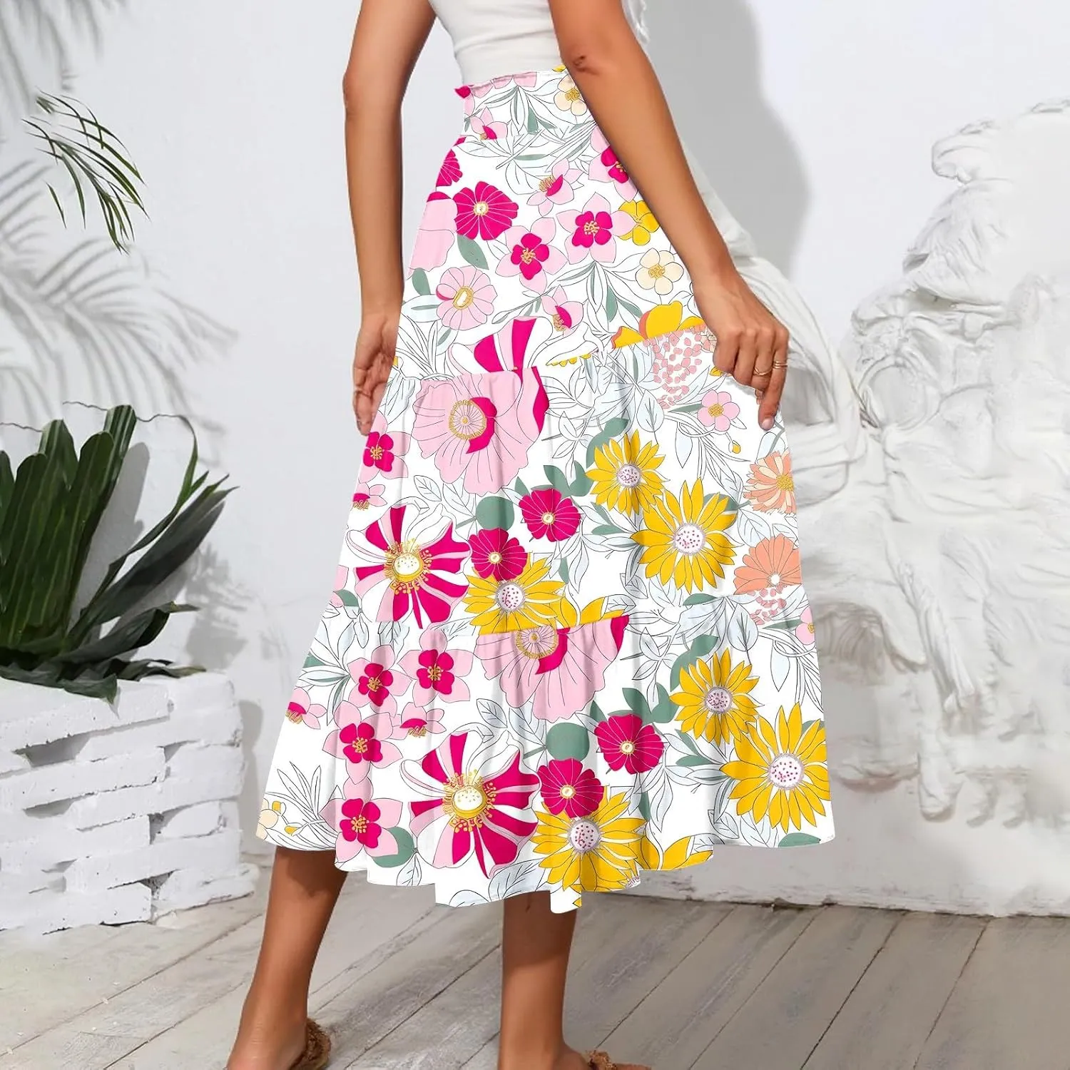 Midi Skirt Women's Summer Casual Pockets Elastic High Waist Drawstring Flowy Trendy Ditzy Floral Print Long Skirts