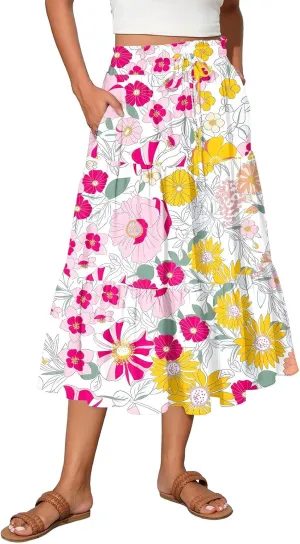 Midi Skirt Women's Summer Casual Pockets Elastic High Waist Drawstring Flowy Trendy Ditzy Floral Print Long Skirts