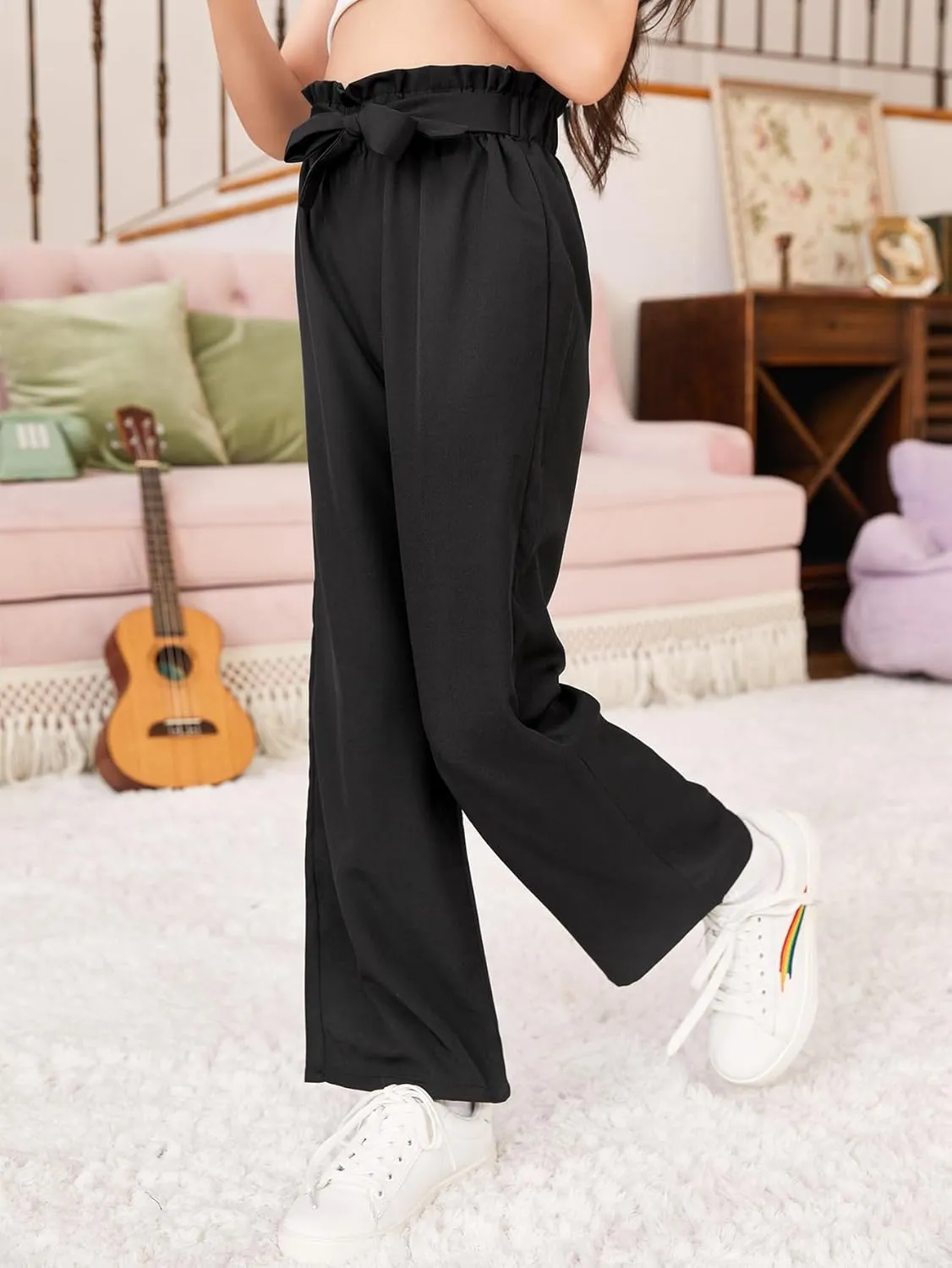 Milumia Girl's Cute High Waist Flowy Wide Leg Dress Pants Palazzo Pants