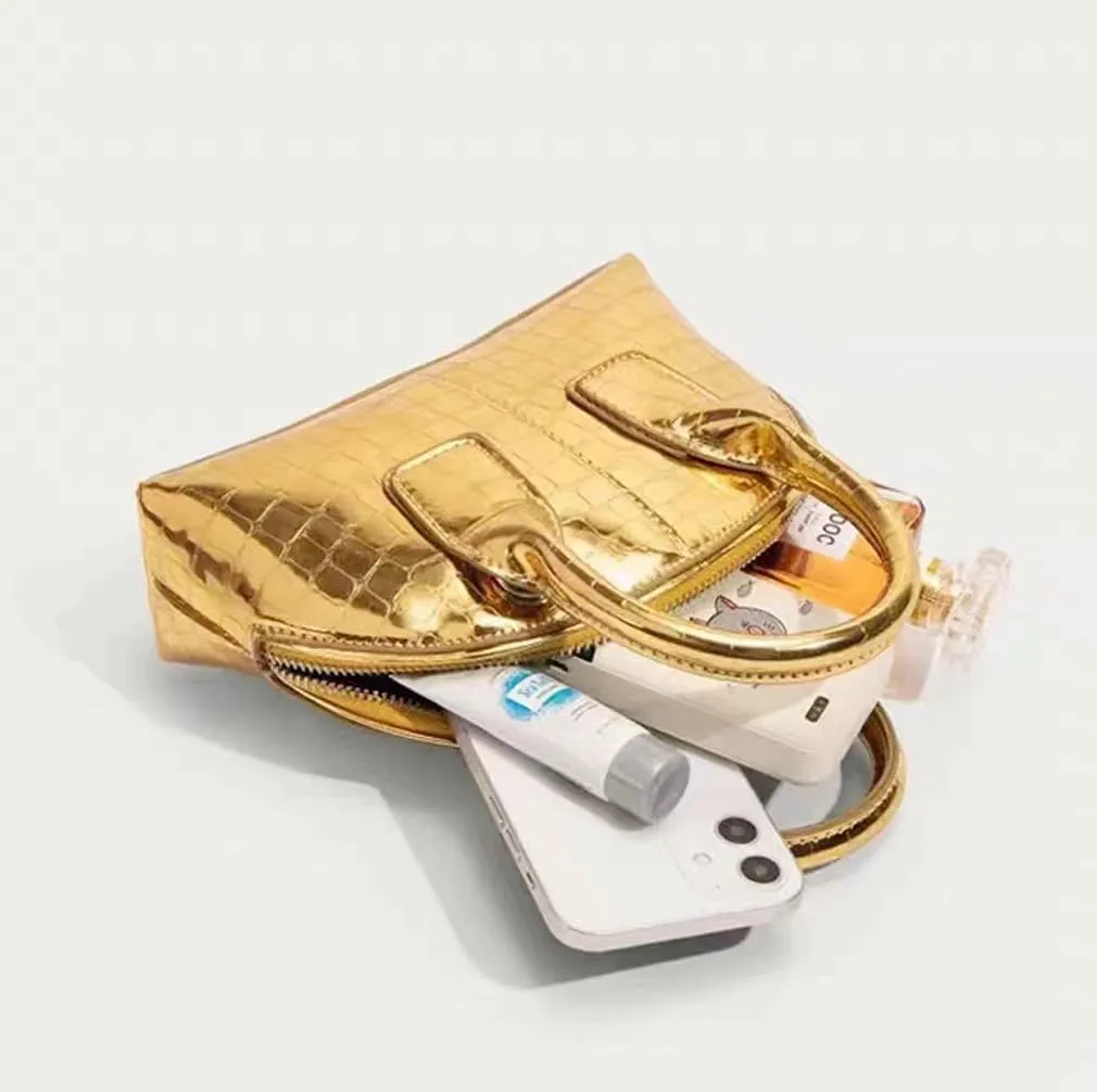 Mini Silver Crossbody Purse for Women Gold Purse Cute Small Top Handle Purses Pink Metallic Bag Shiny Chain Handbag