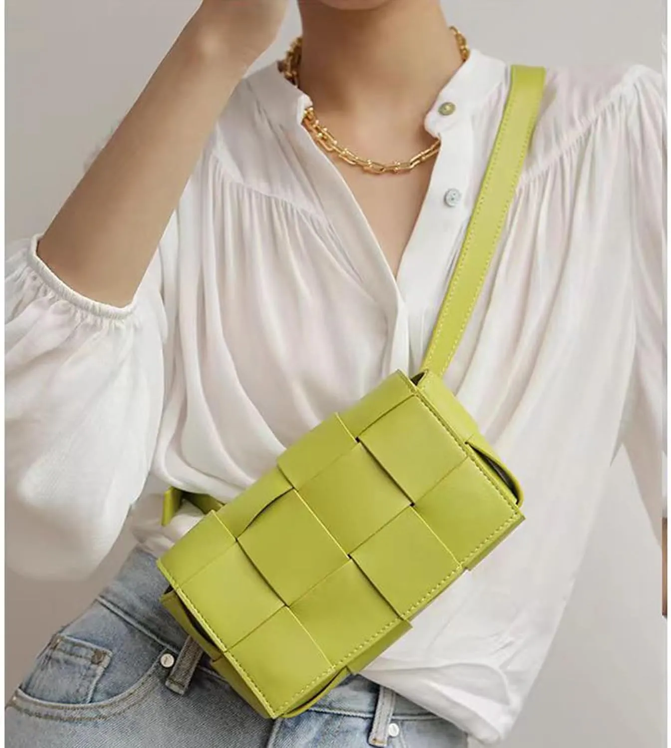Mini Woven Purse Crossbody, Waist Pack Belt Bag with Adjustable Belt, Fanny Packs Purse Shoulder Handbags (Light green)