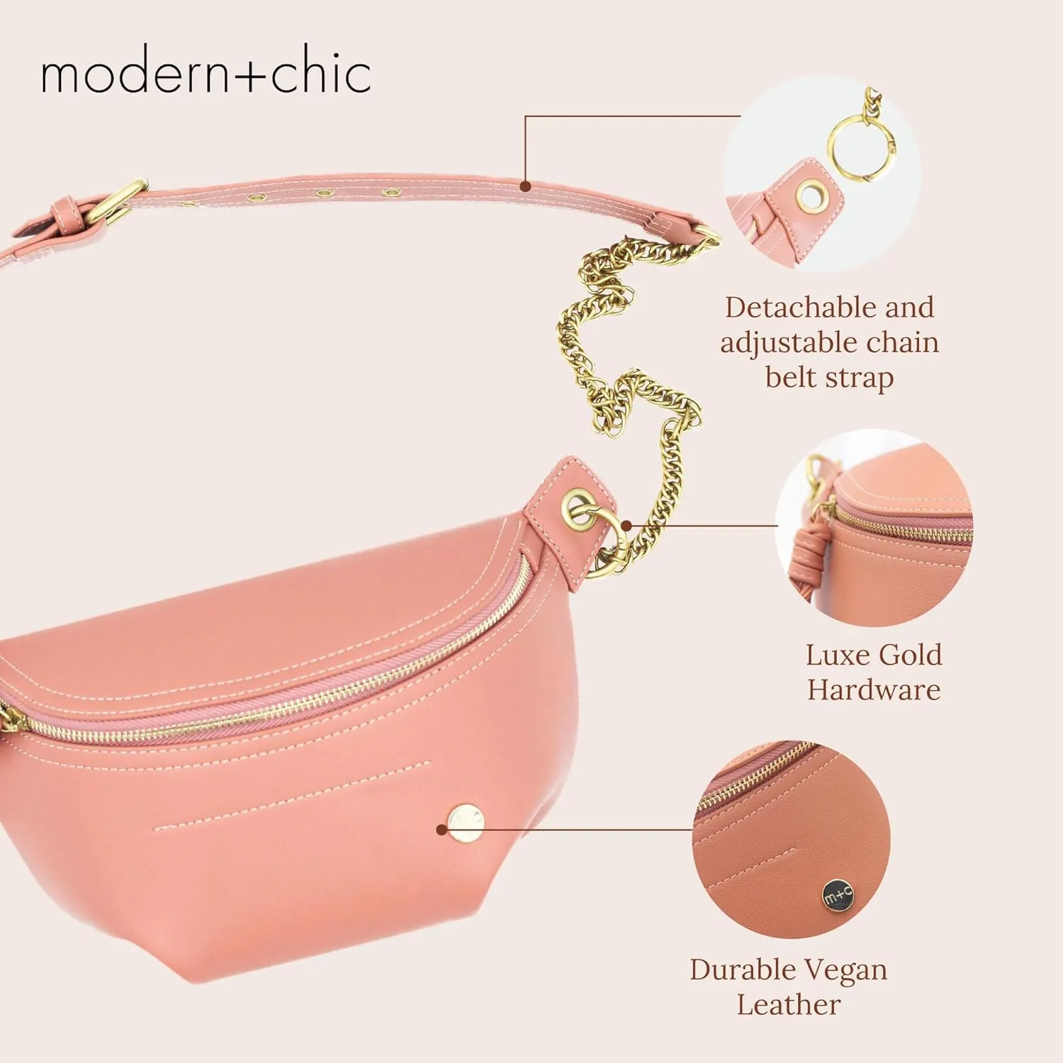 Modern Chic Belt Bag for Women - Catherine Vegan Leather Belt Bag, Crossbody Bag with Chain Strap and Interior Pocket