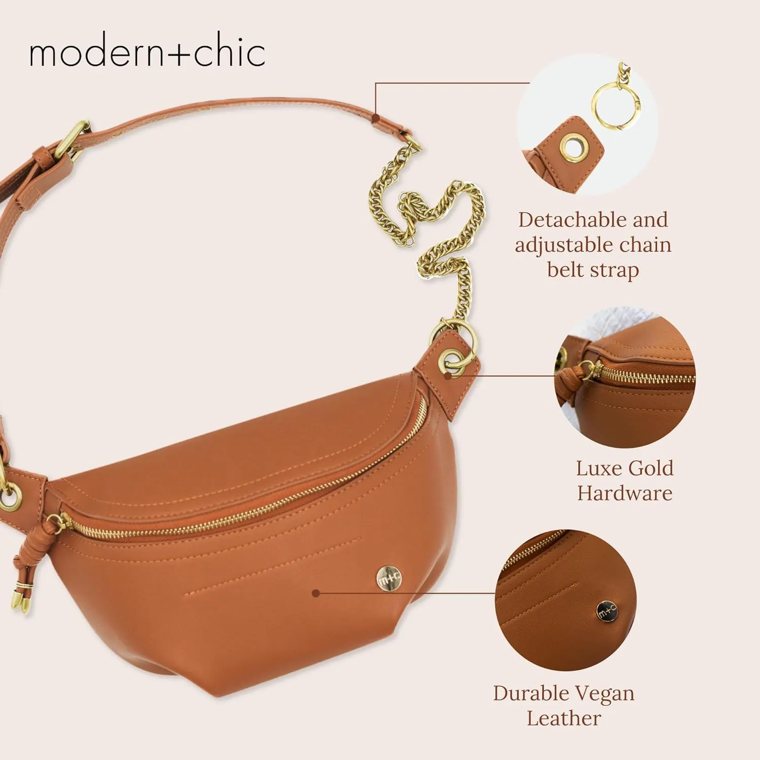 Modern Chic Belt Bag for Women - Catherine Vegan Leather Belt Bag, Crossbody Bag with Chain Strap and Interior Pocket