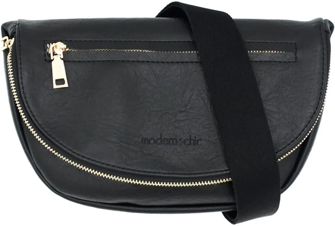 Modern Chic Crossbody Bags for Women - The Holly Foldover Crossbody Bag, Vegan Leather Belt Bag with Zipper Pockets - Black