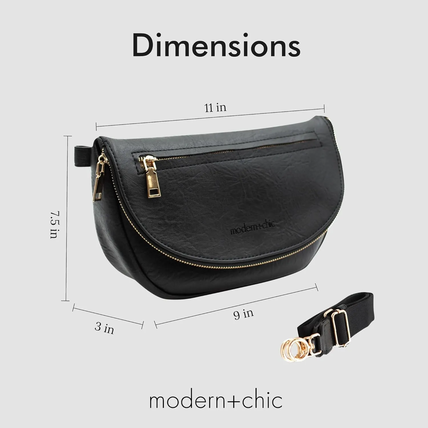 Modern Chic Crossbody Bags for Women - The Holly Foldover Crossbody Bag, Vegan Leather Belt Bag with Zipper Pockets - Black