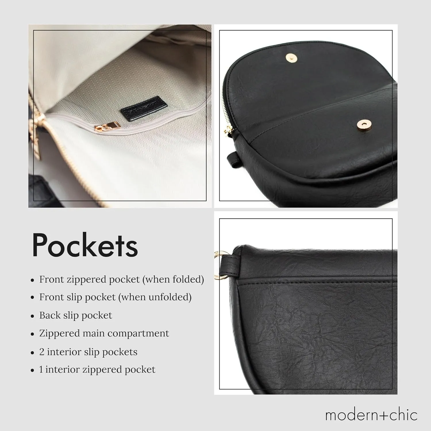 Modern Chic Crossbody Bags for Women - The Holly Foldover Crossbody Bag, Vegan Leather Belt Bag with Zipper Pockets - Black