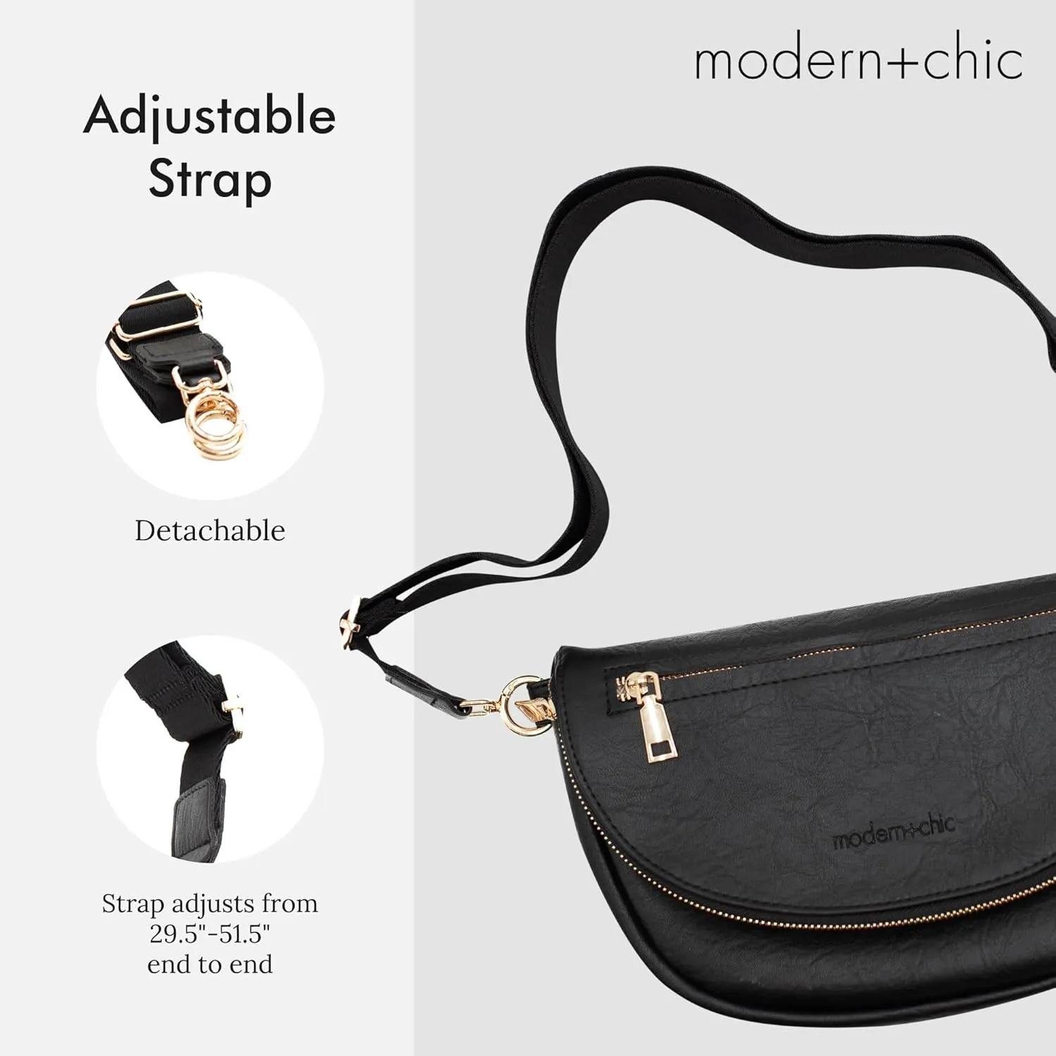 Modern Chic Crossbody Bags for Women - The Holly Foldover Crossbody Bag, Vegan Leather Belt Bag with Zipper Pockets - Black