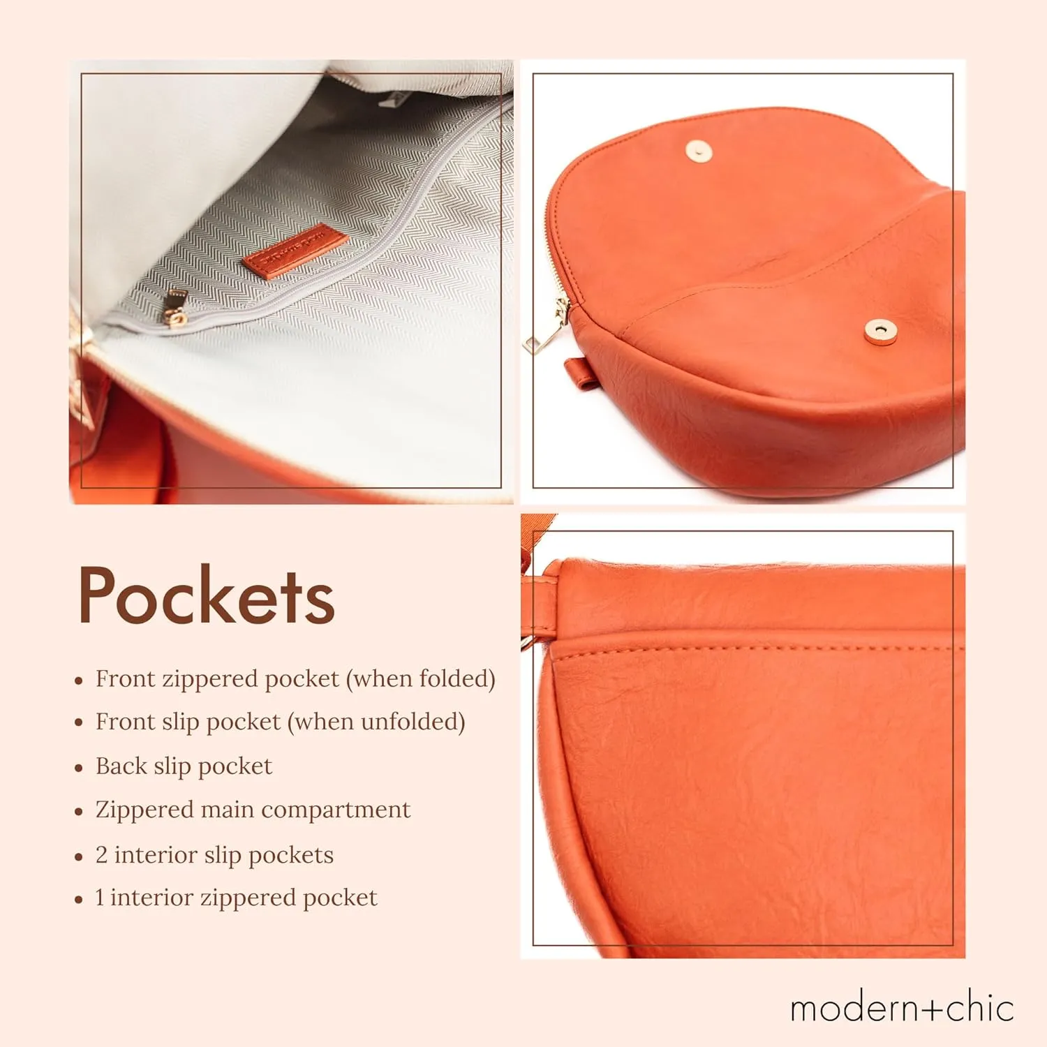 Modern Chic Crossbody Bags for Women - The Holly Foldover Crossbody Bag, Vegan Leather Belt Bag with Zipper Pockets - Tangerine