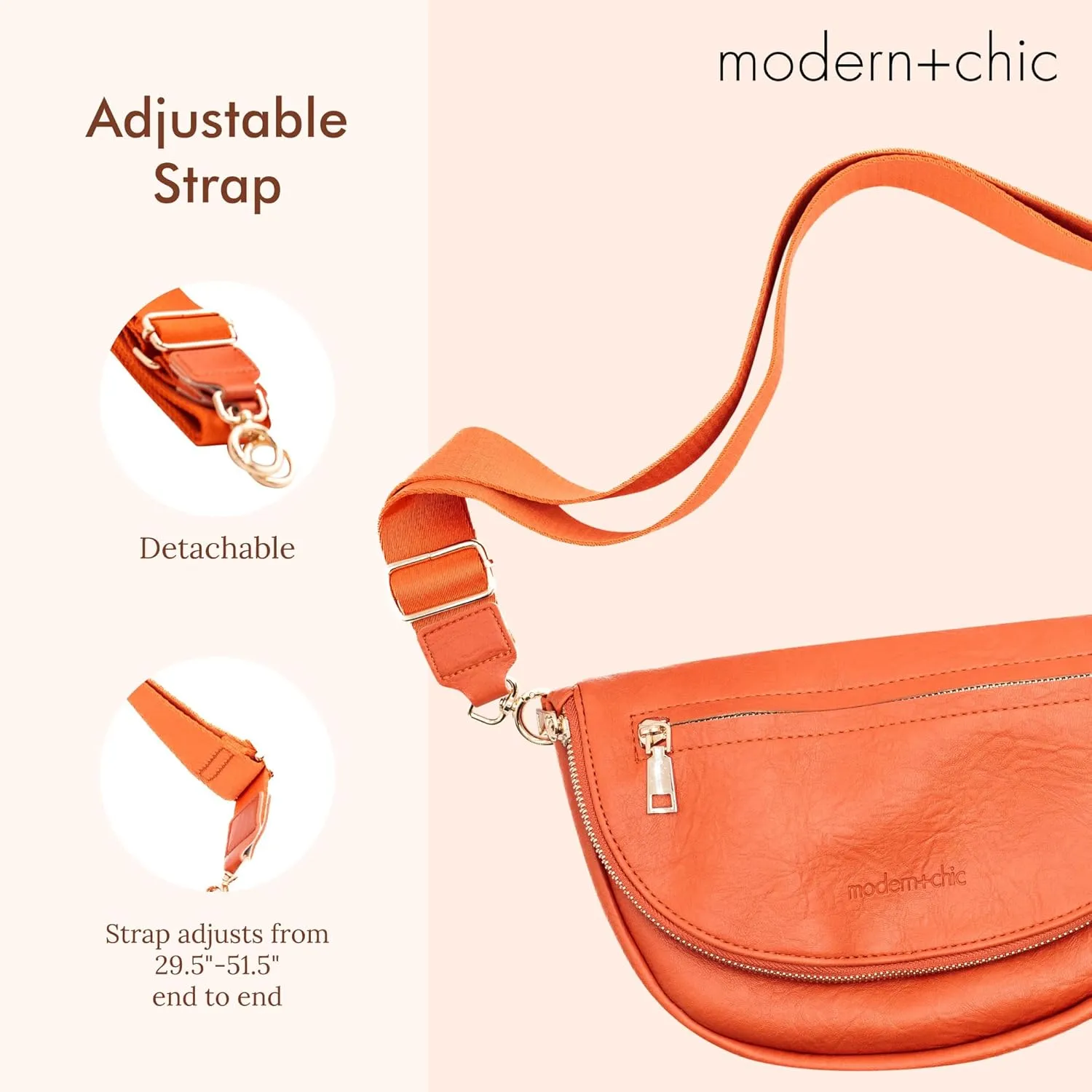 Modern Chic Crossbody Bags for Women - The Holly Foldover Crossbody Bag, Vegan Leather Belt Bag with Zipper Pockets - Tangerine