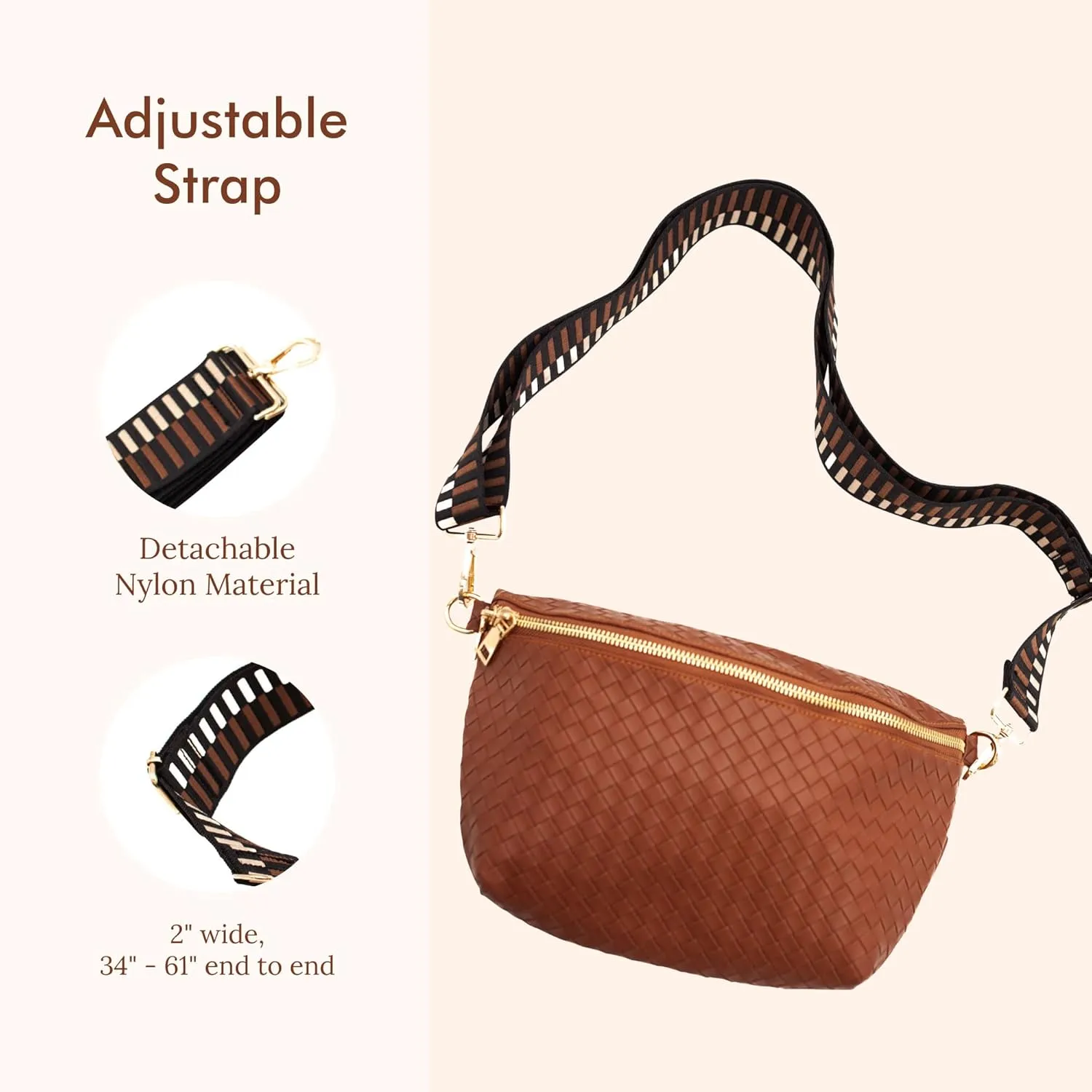Modern Chic Rory Oversized Crisscross Belt Bag for Women, Vegan Leather Crossbody Bag with Strap and Multiple Pockets