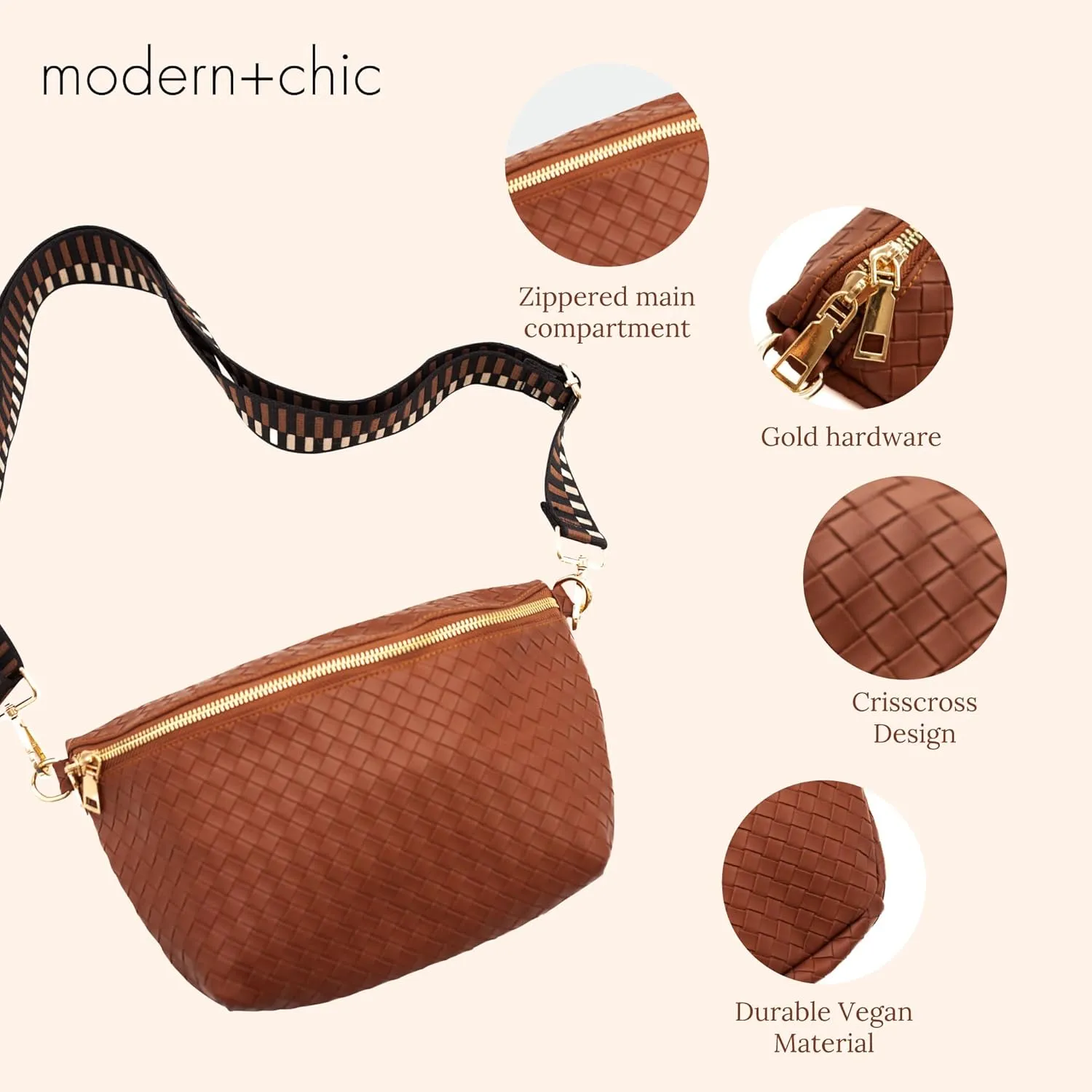 Modern Chic Rory Oversized Crisscross Belt Bag for Women, Vegan Leather Crossbody Bag with Strap and Multiple Pockets